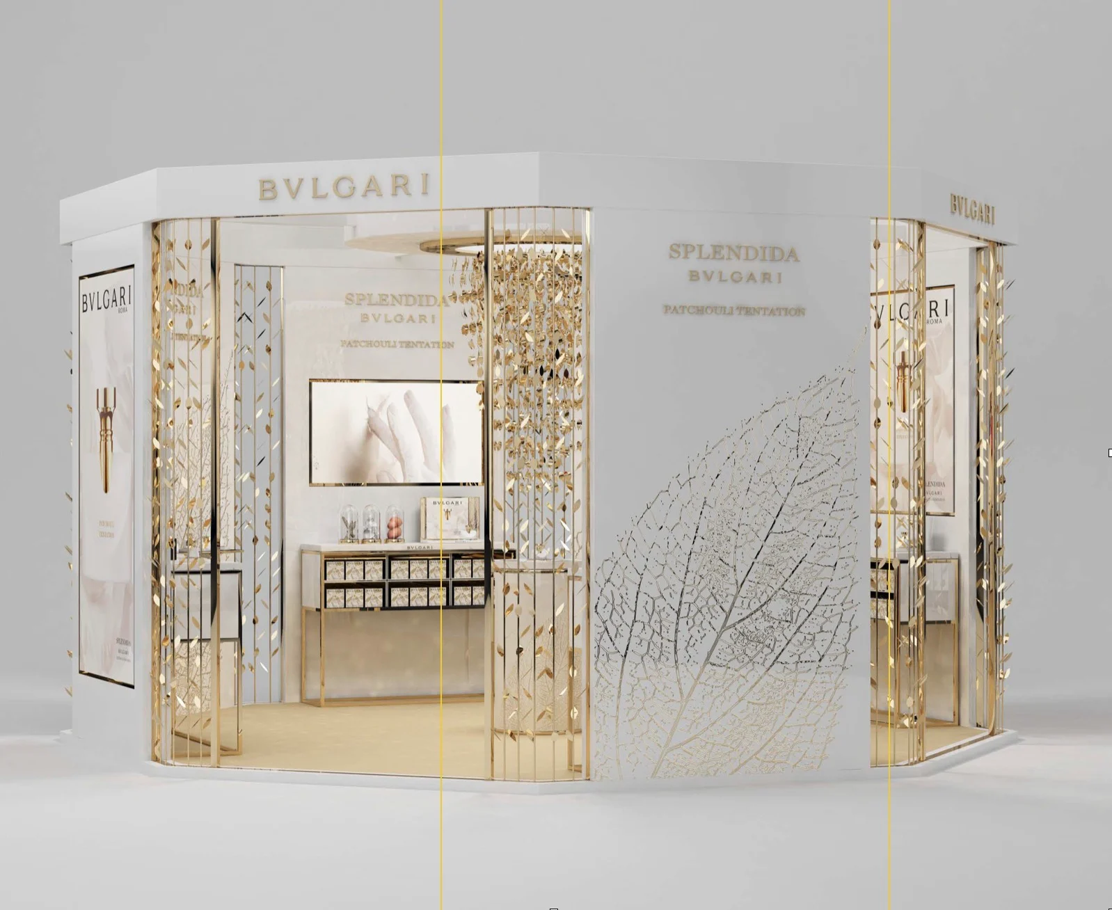 Render of the white Bvlgari Patchouli Tentation kiosk with gold leaf-patterned screens – Bvlgari Patchouly Tentation, 2020 – retail design