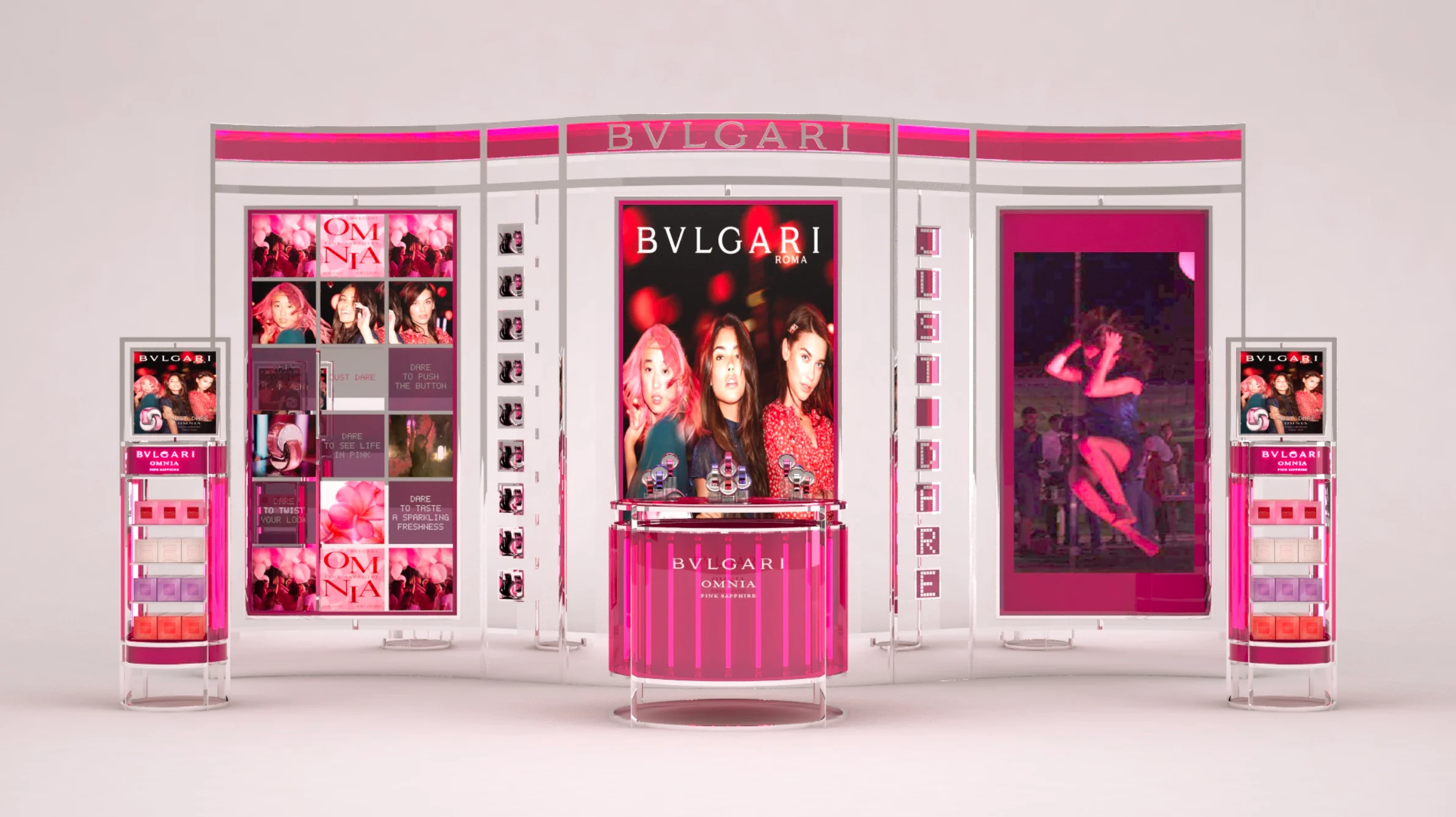 Render of the Bvlgari Omnia pink display wall with posters, a central counter and two side stands – Bvlgari Omnia Pink Sapphire, 2018 – retail design