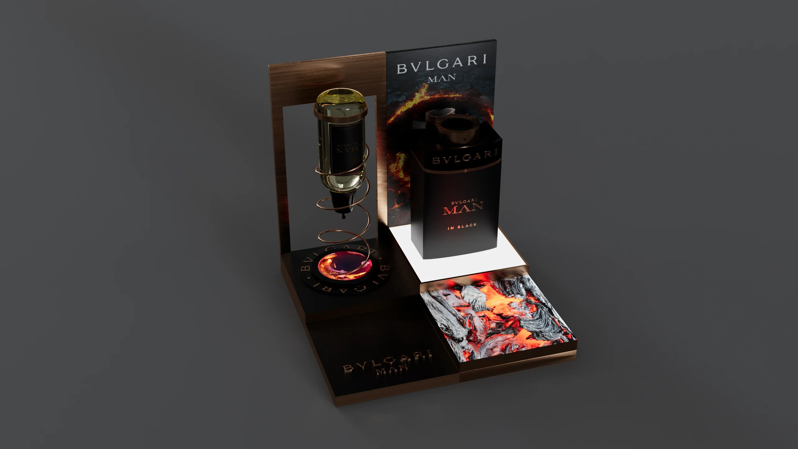 Render of a single refill unit for Bvlgari Man in Black with a copper spiral and ember graphics – Bvlgari Man Refill Station, 2018 – retail design