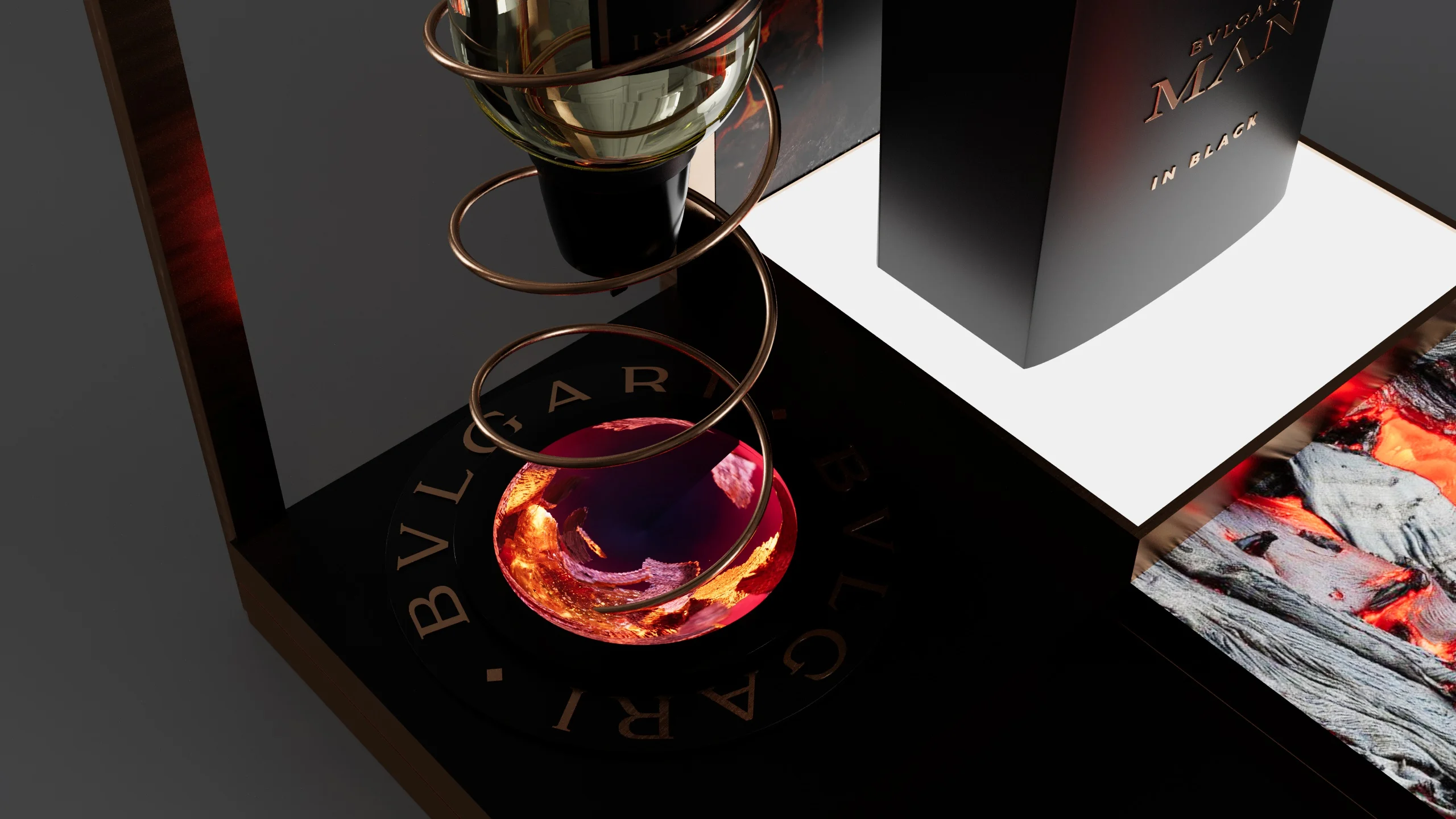 Close-up render of the copper spiral holding an inverted flacon above a glowing red base – Bvlgari Man Refill Station, 2018 – retail design