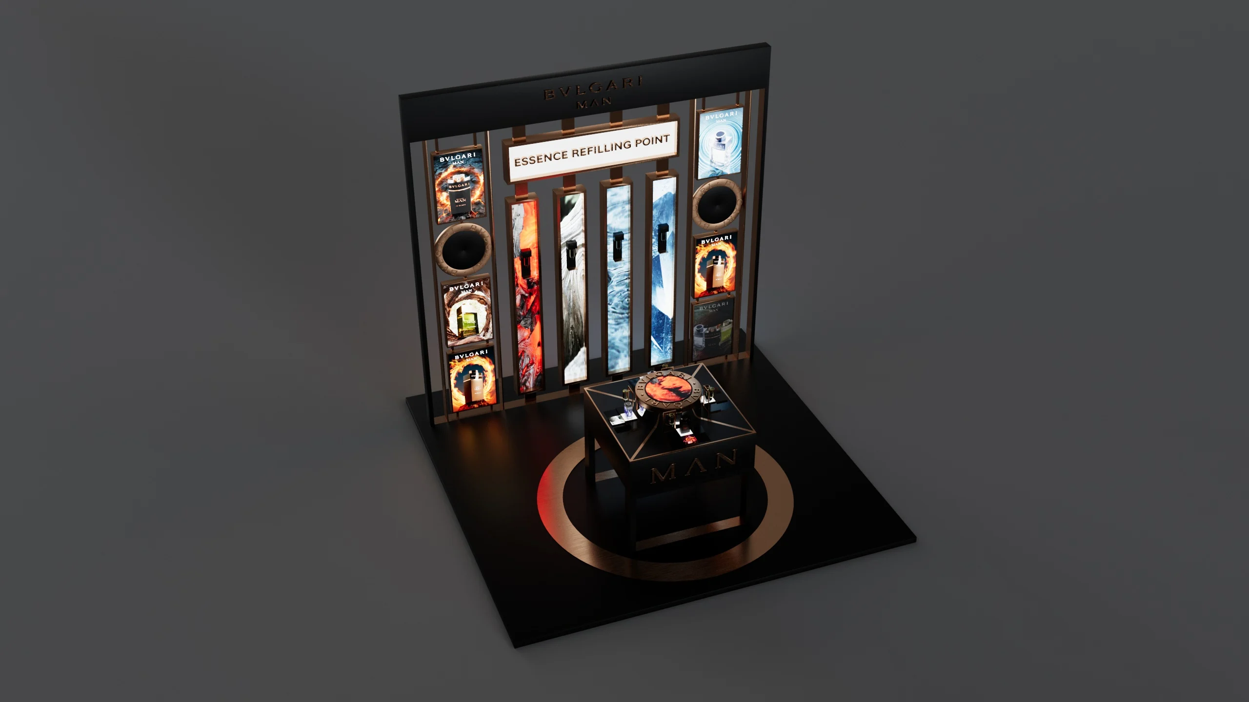 Render of the refill station from above: dark platform, copper ring and illuminated panels – Bvlgari Man Refill Station, 2018 – retail design
