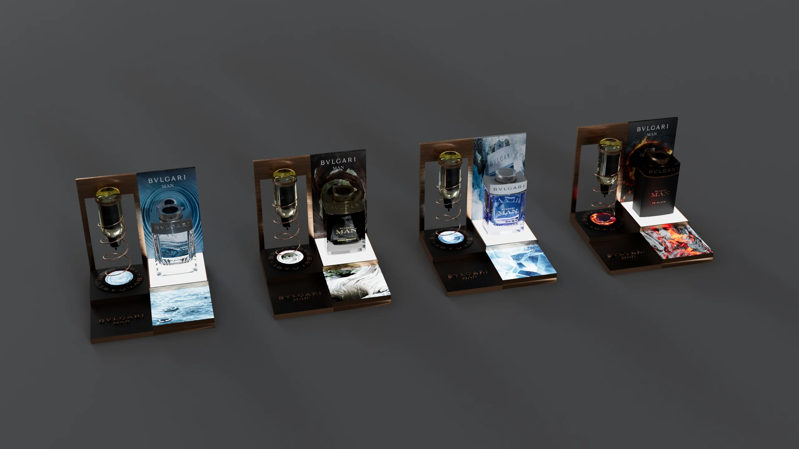 Render of four Bvlgari Man refill units, each with an inverted flacon and a fragrance box – Bvlgari Man Refill Station, 2018 – retail design
