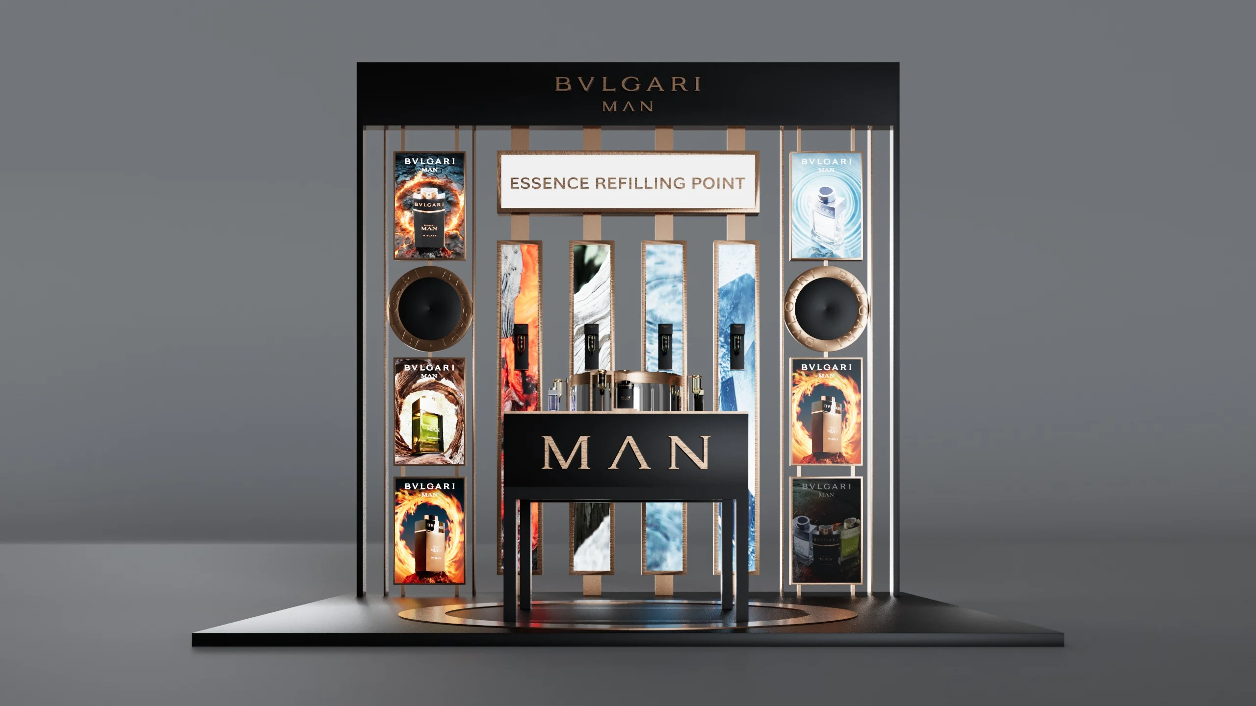 Render of the Bvlgari Man Essence Refilling Point, front view of the black display wall and counter – Bvlgari Man Refill Station, 2018 – retail design
