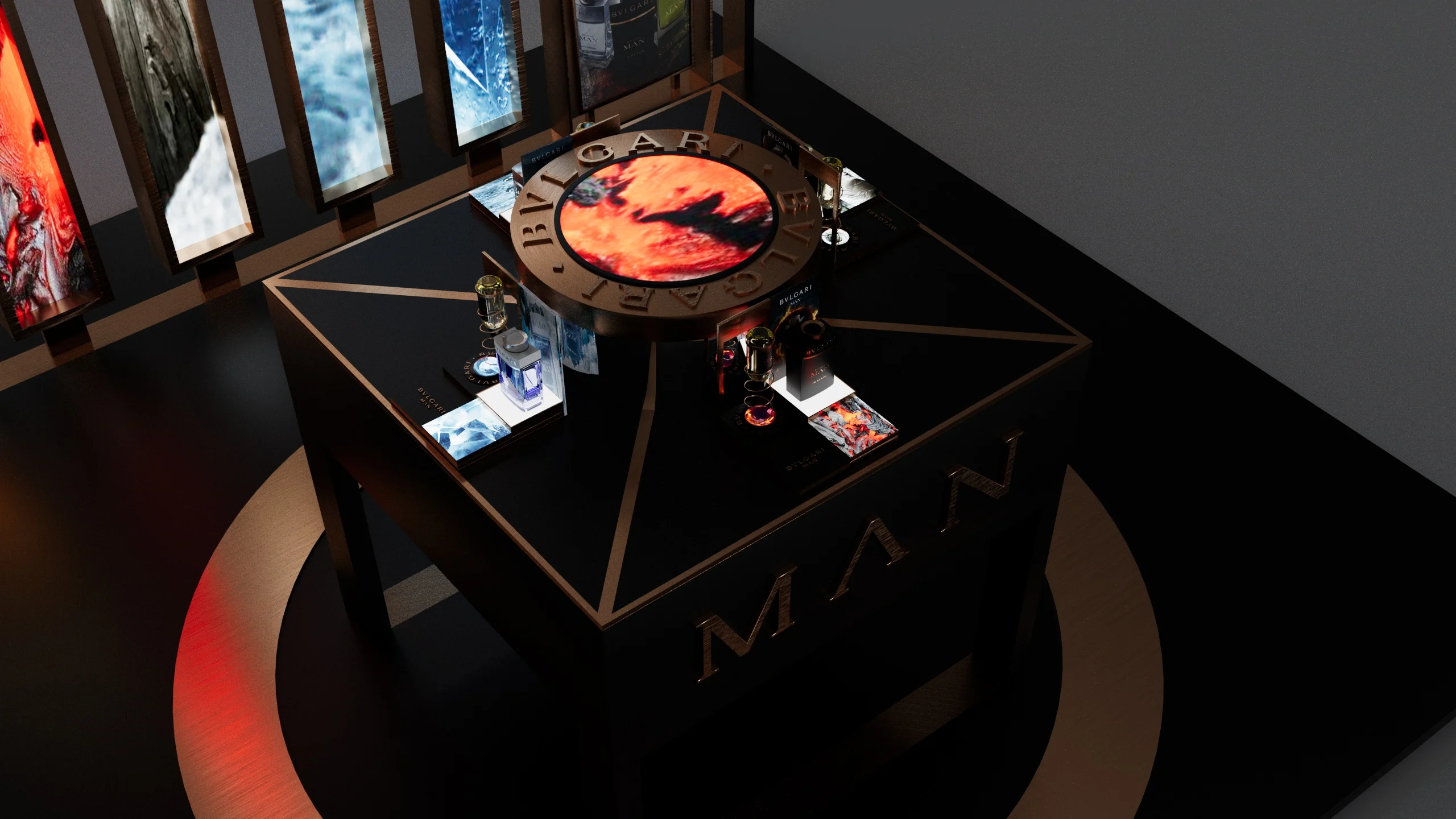 Render of the refill counter top with a copper Bvlgari dial and fragrance bottles – Bvlgari Man Refill Station, 2018 – retail design