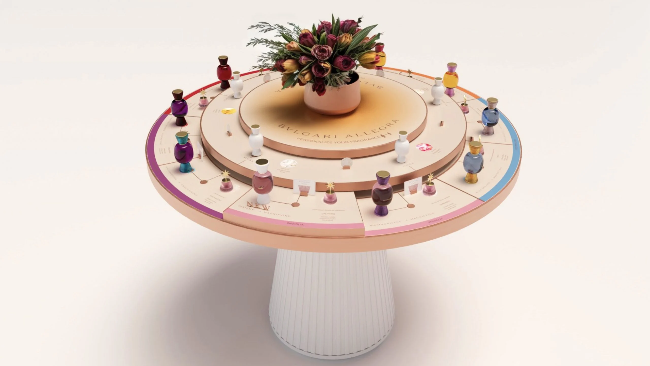 Render of the complete fragrance bar: tiered round table on a white fluted pedestal – Bvlgari Allegra Fragrance Bar, 2023 – retail design