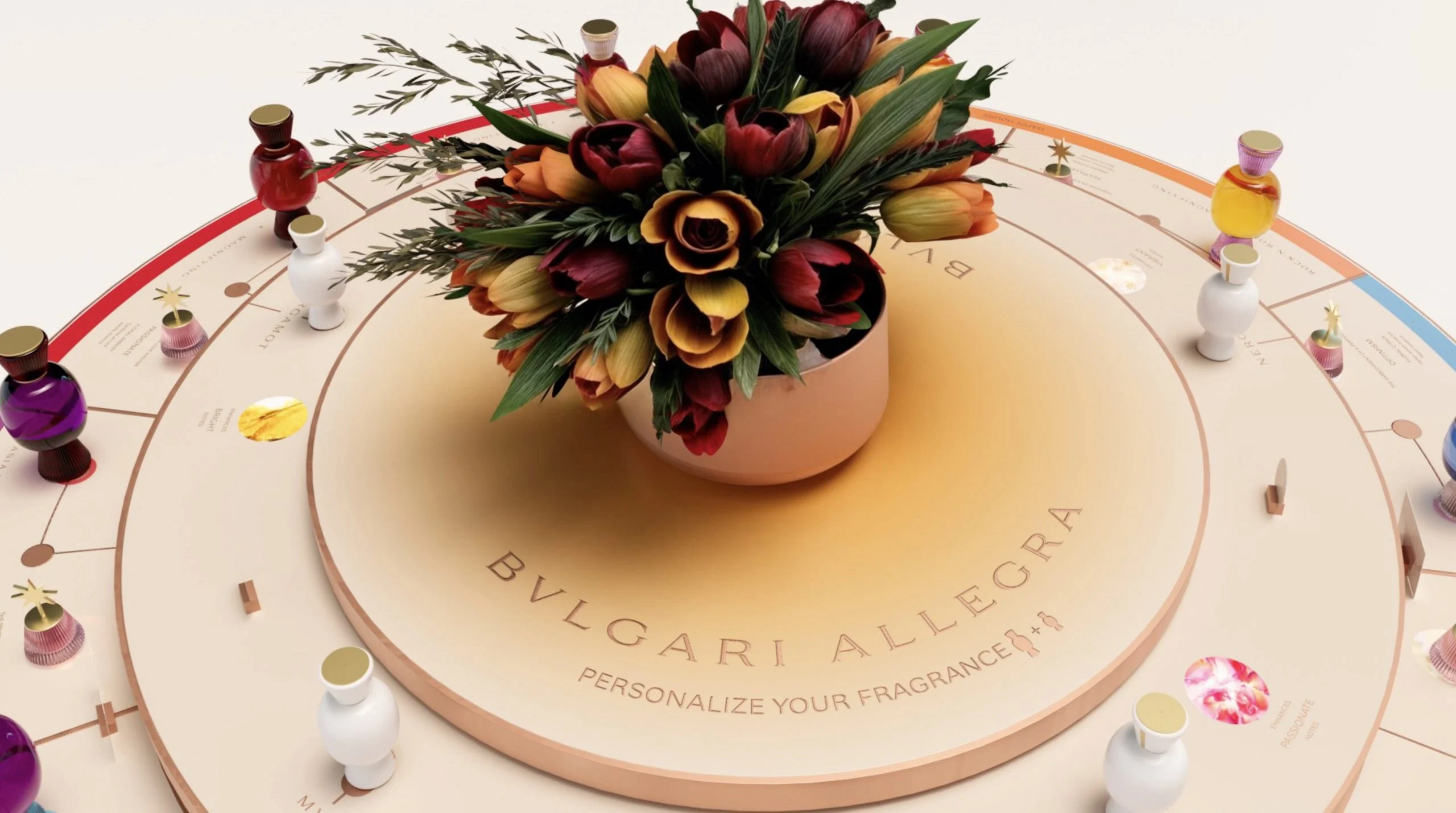 Render close-up of the central bouquet on the tiered table, inscribed Personalize your fragrance – Bvlgari Allegra Fragrance Bar, 2023 – retail design