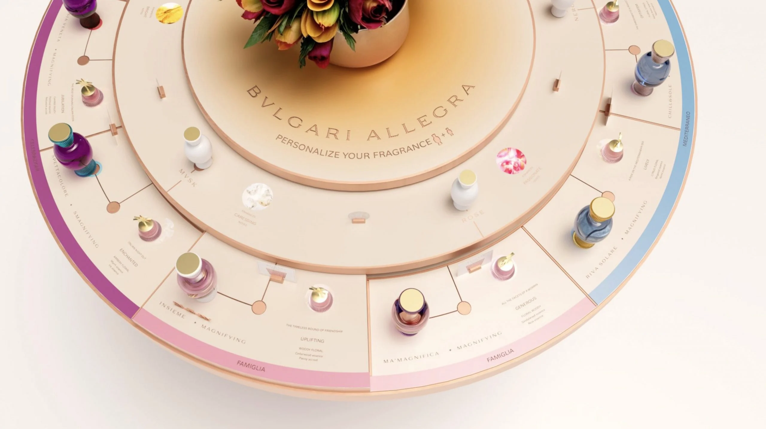 Render detail of the table rim with perfume bottles and fragrance family labels in pink and blue – Bvlgari Allegra Fragrance Bar, 2023 – retail design