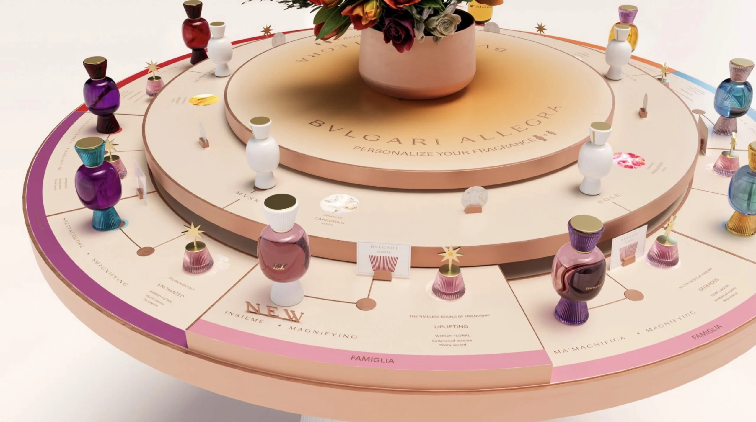 Render of the round Bvlgari Allegra fragrance bar with coloured perfume bottles around a flower bouquet – Bvlgari Allegra Fragrance Bar, 2023 – retail design