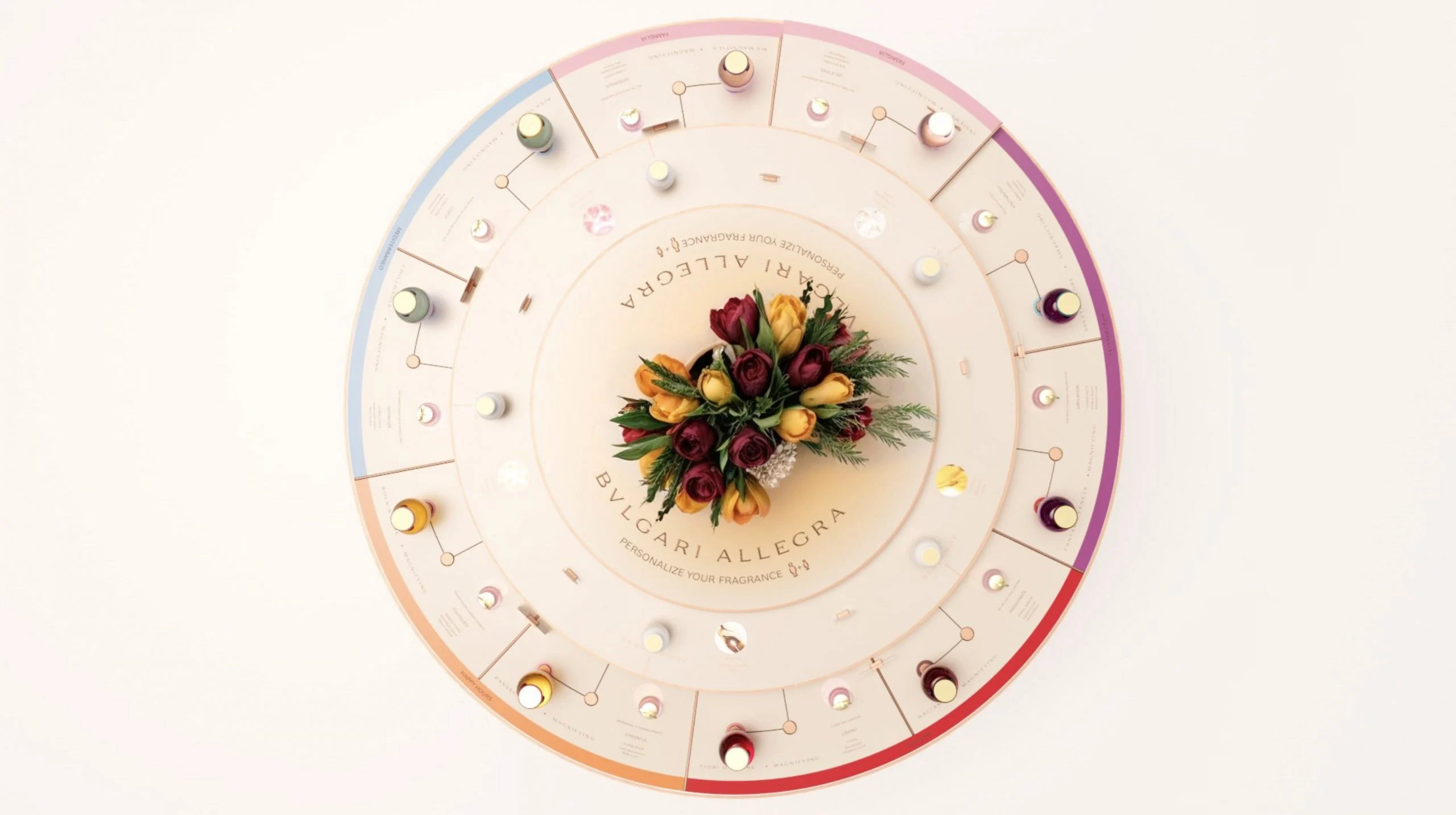 Render of the Bvlgari Allegra fragrance bar seen from above, a circular table with a central bouquet – Bvlgari Allegra Fragrance Bar, 2023 – retail design