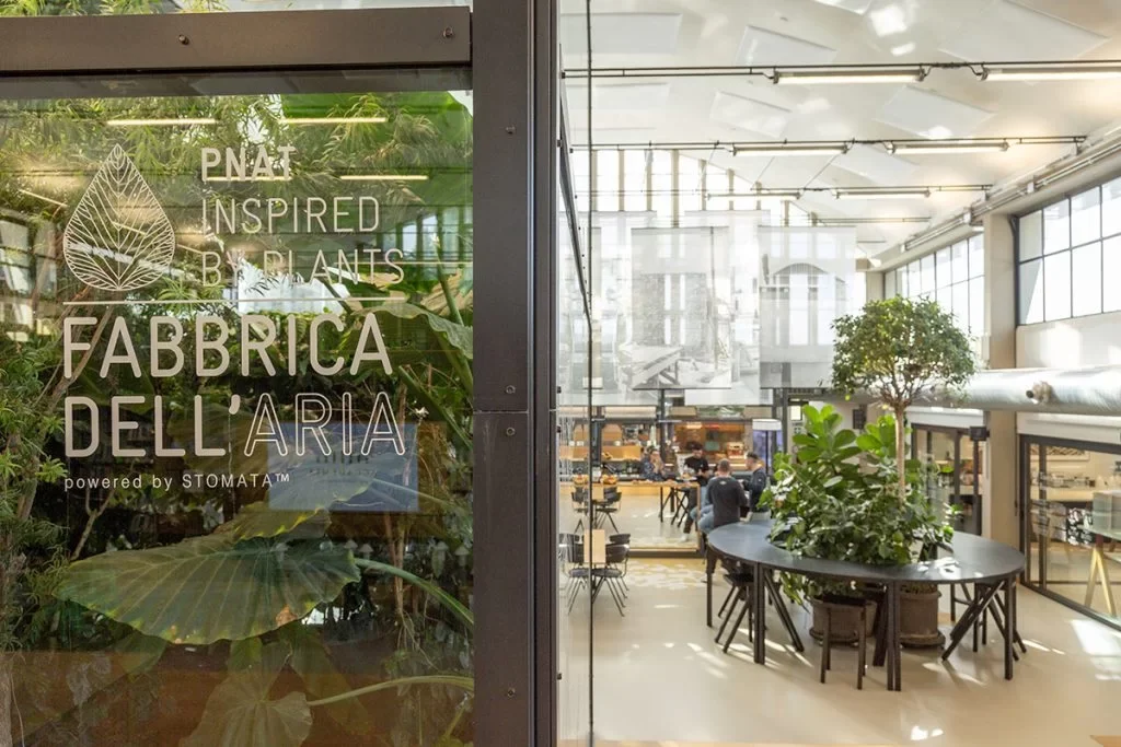 Fabbrica dell'Aria glass door with plants inside, opening onto a bright hall with tables and a tree – La Marzocco Accademia del Caffè Espresso, Florence, Italy, 2018 – interior design