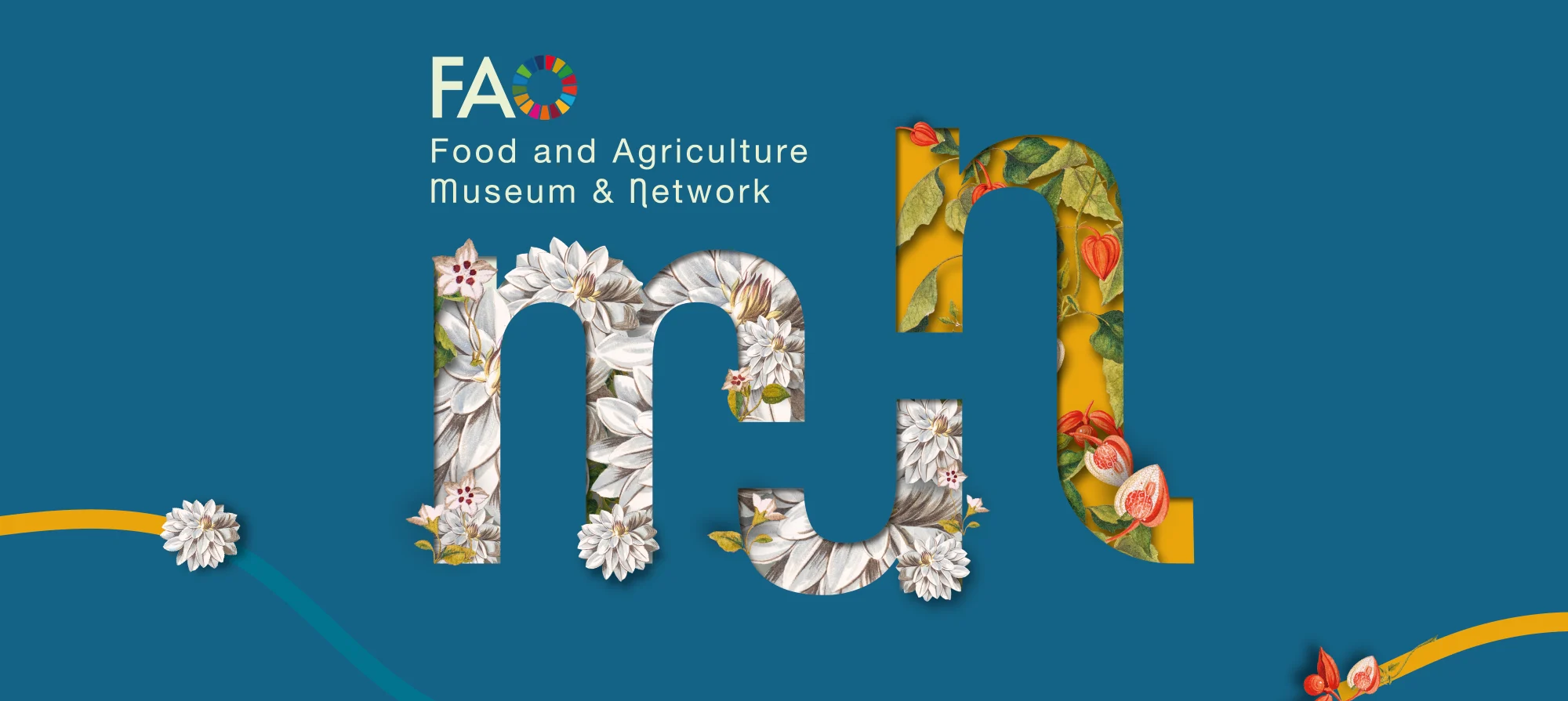 FAO MuNe logo with the letters filled with white flowers and botanical illustrations on blue – FAO MuNe Food and Agriculture Museum, Rome, Italy, 2025 – exhibition design