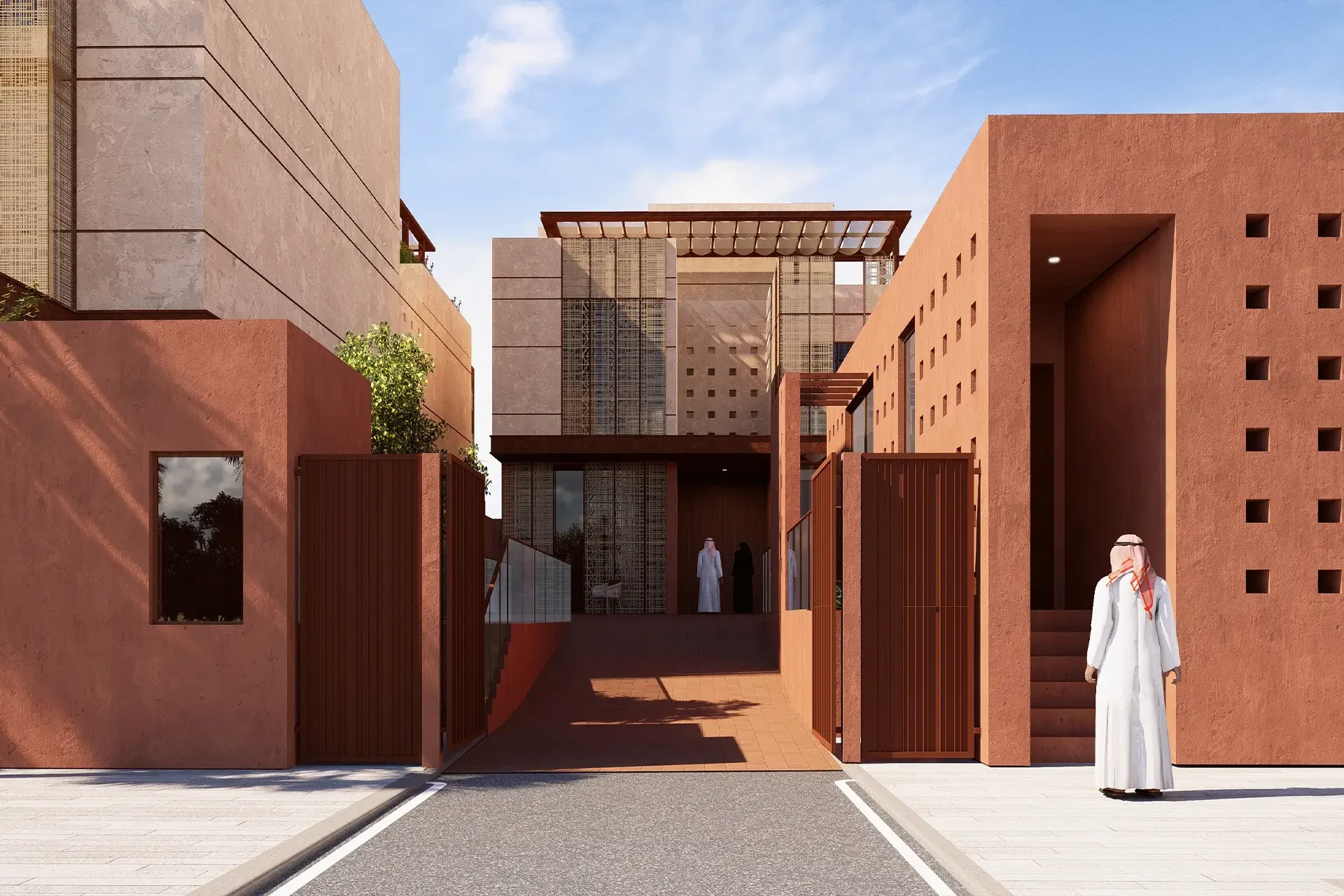 Render of a villa entrance drive between terracotta walls, with a screened façade at the end – Radic Residences, Jeddah, Saudi Arabia, 2025 – architecture, under construction