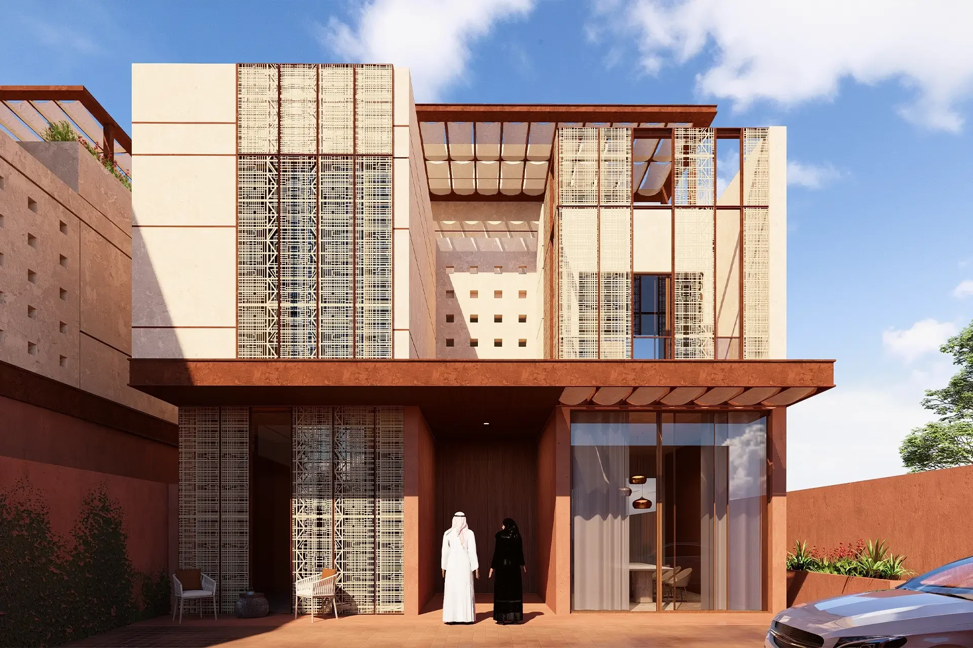 Render of a villa entrance: patterned metal screens on sand-coloured walls under a rust-red canopy – Radic Residences, Jeddah, Saudi Arabia, 2025 – architecture, under construction
