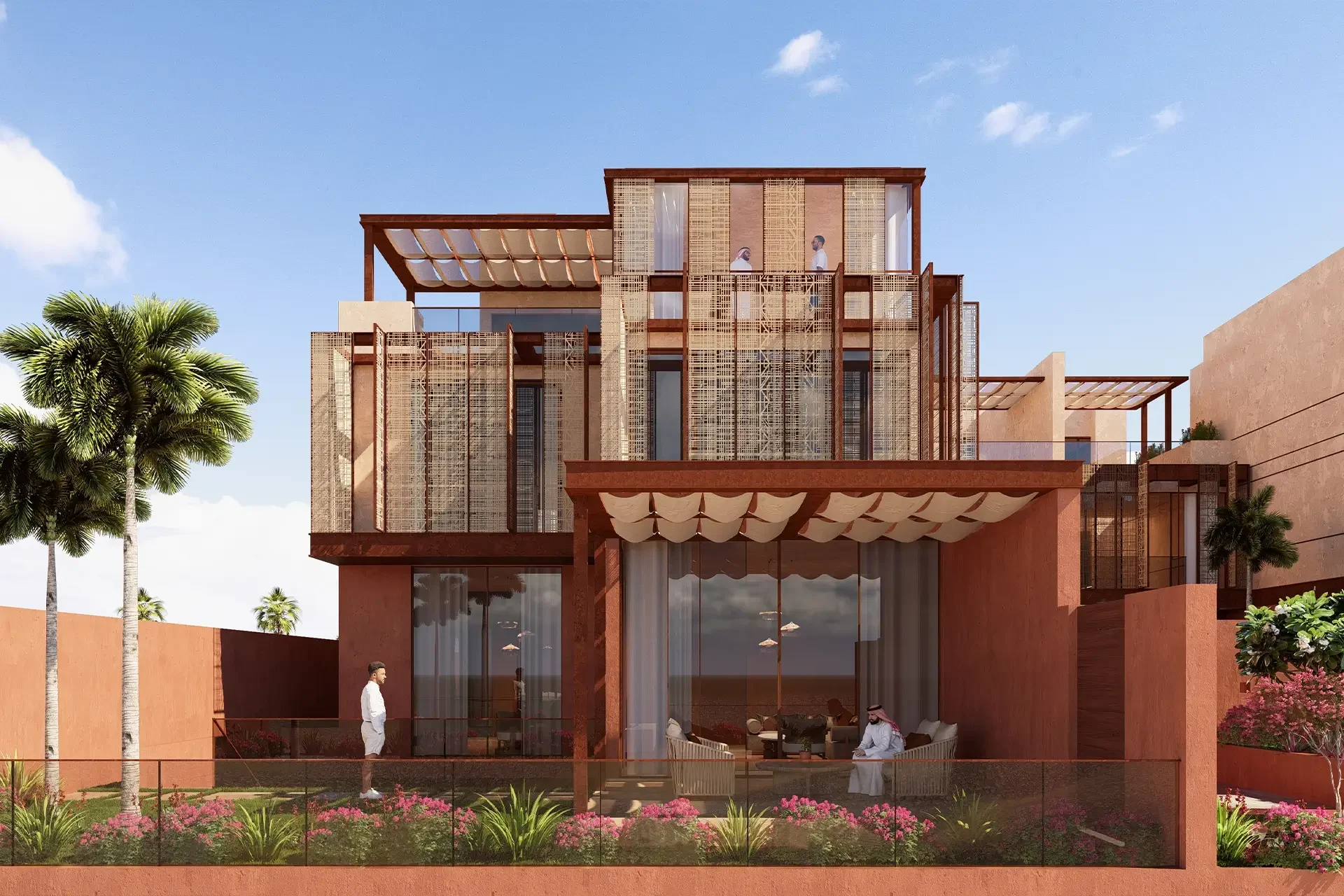 Render of a villa façade with layered timber screens, pergolas and a shaded terrace among palms – Radic Residences, Jeddah, Saudi Arabia, 2025 – architecture, under construction