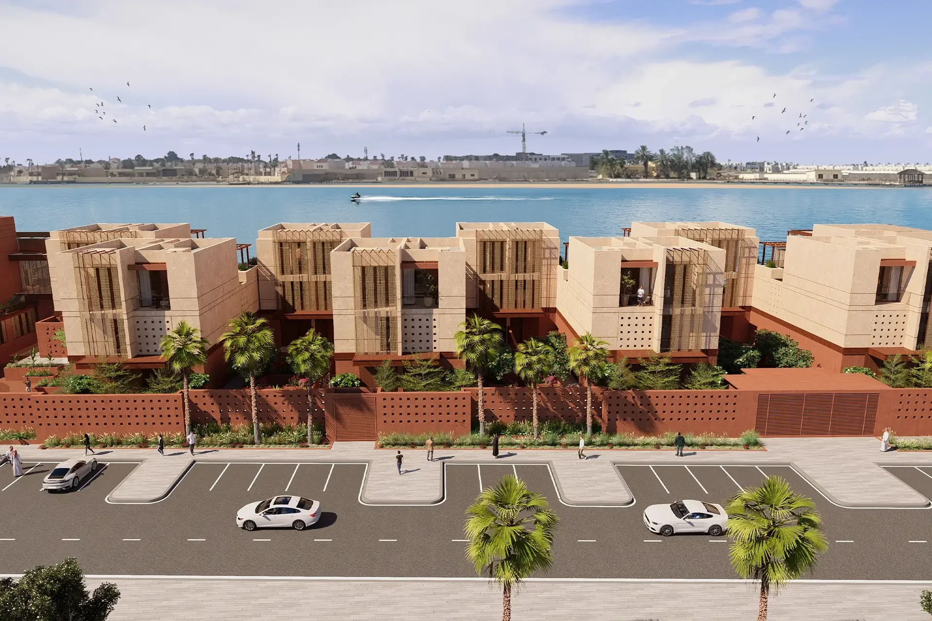 Render of the seafront villas from above: sand-coloured cubic houses with wooden screens facing the bay – Radic Residences, Jeddah, Saudi Arabia, 2025 – architecture, under construction