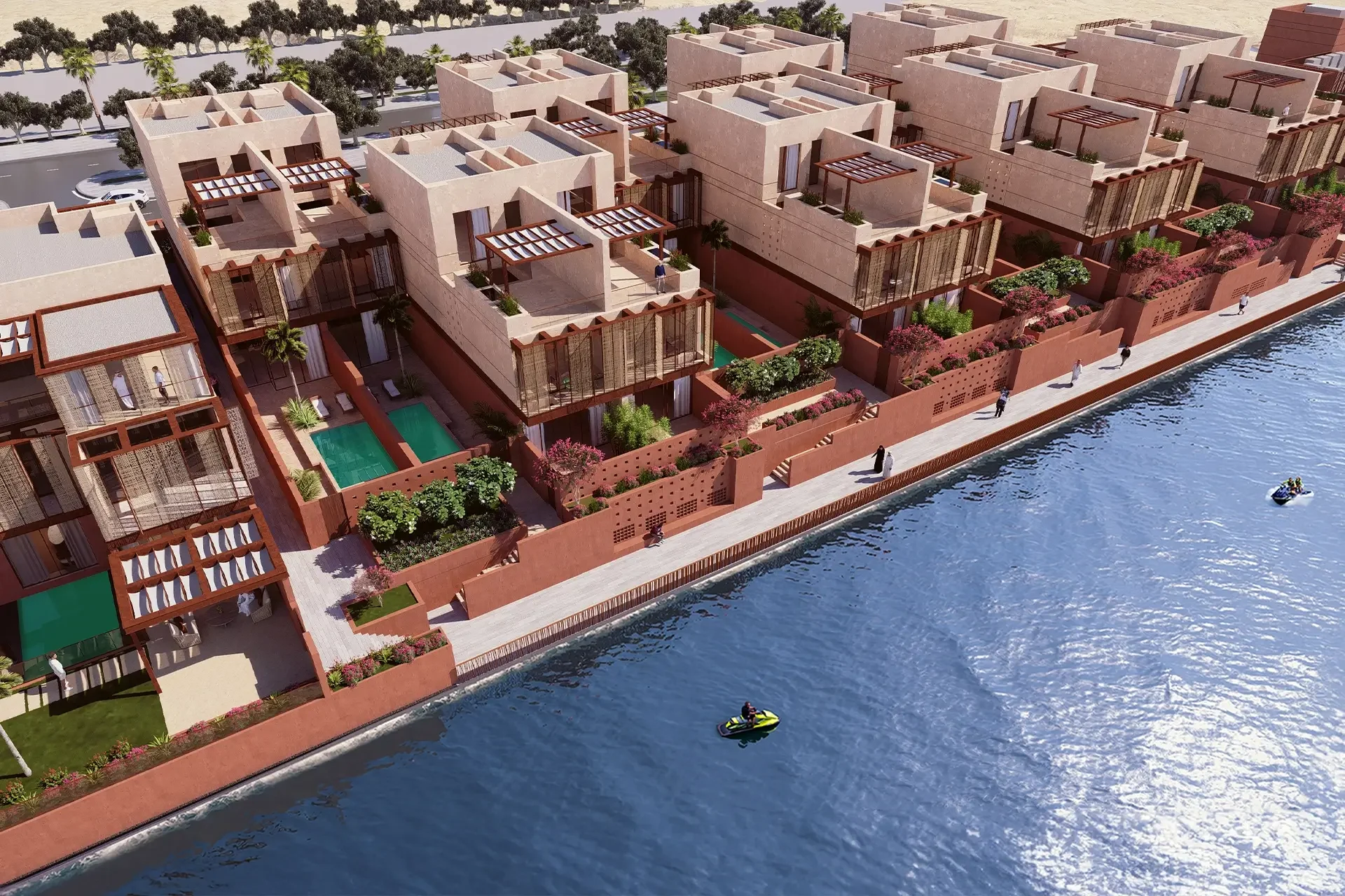 Aerial render of the villa row along the waterfront, with private pools, terraces and a seaside promenade – Radic Residences, Jeddah, Saudi Arabia, 2025 – architecture, under construction
