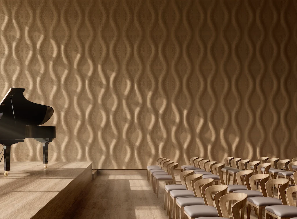Render of a concert hall with wavy wooden acoustic walls, a grand piano on stage and rows of chairs – Najdi Acoustic Panels for Strong by Form, 2025 – product design