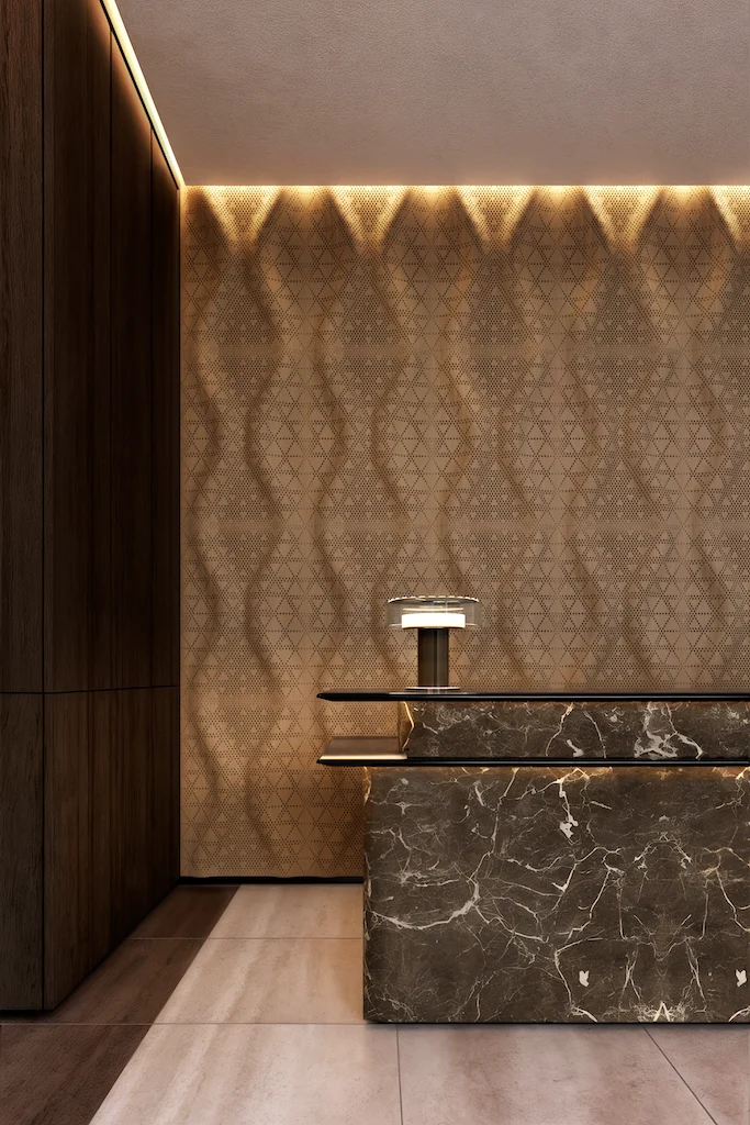Render of a reception with a dark marble counter in front of a wavy patterned wall lit from above – Najdi Acoustic Panels for Strong by Form, 2025 – product design