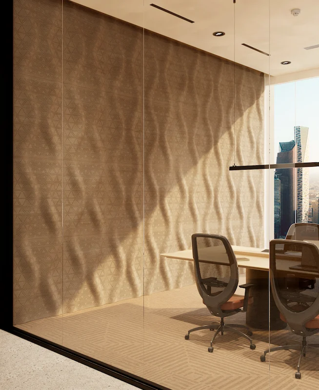 Render of a glass meeting room with a wavy patterned wooden acoustic wall and a city view – Najdi Acoustic Panels for Strong by Form, 2025 – product design