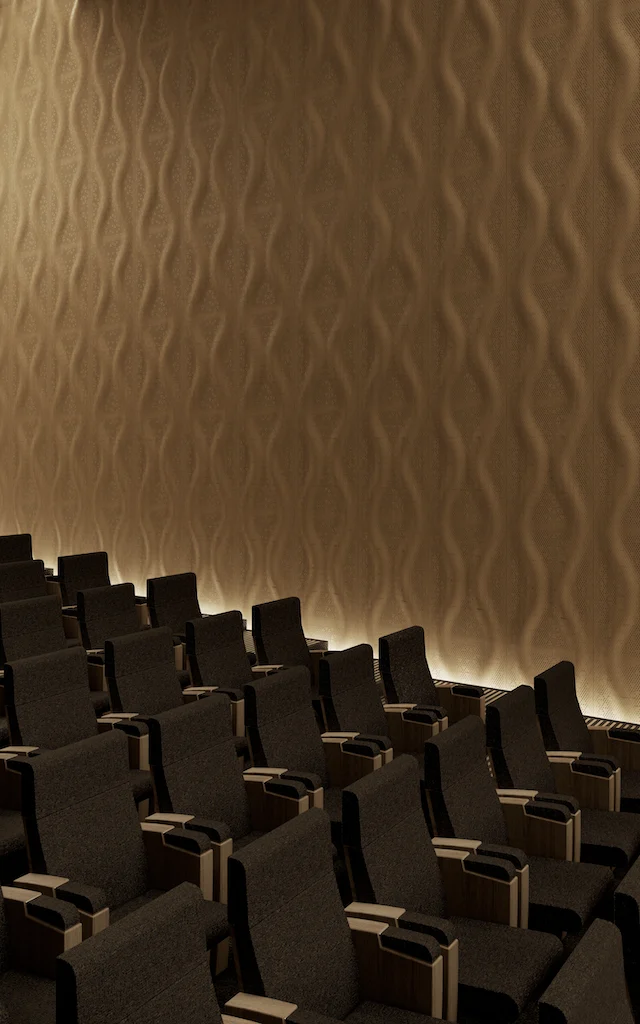 Render of a theatre with rows of dark seats beneath a wavy wooden acoustic wall – Najdi Acoustic Panels for Strong by Form, 2025 – product design