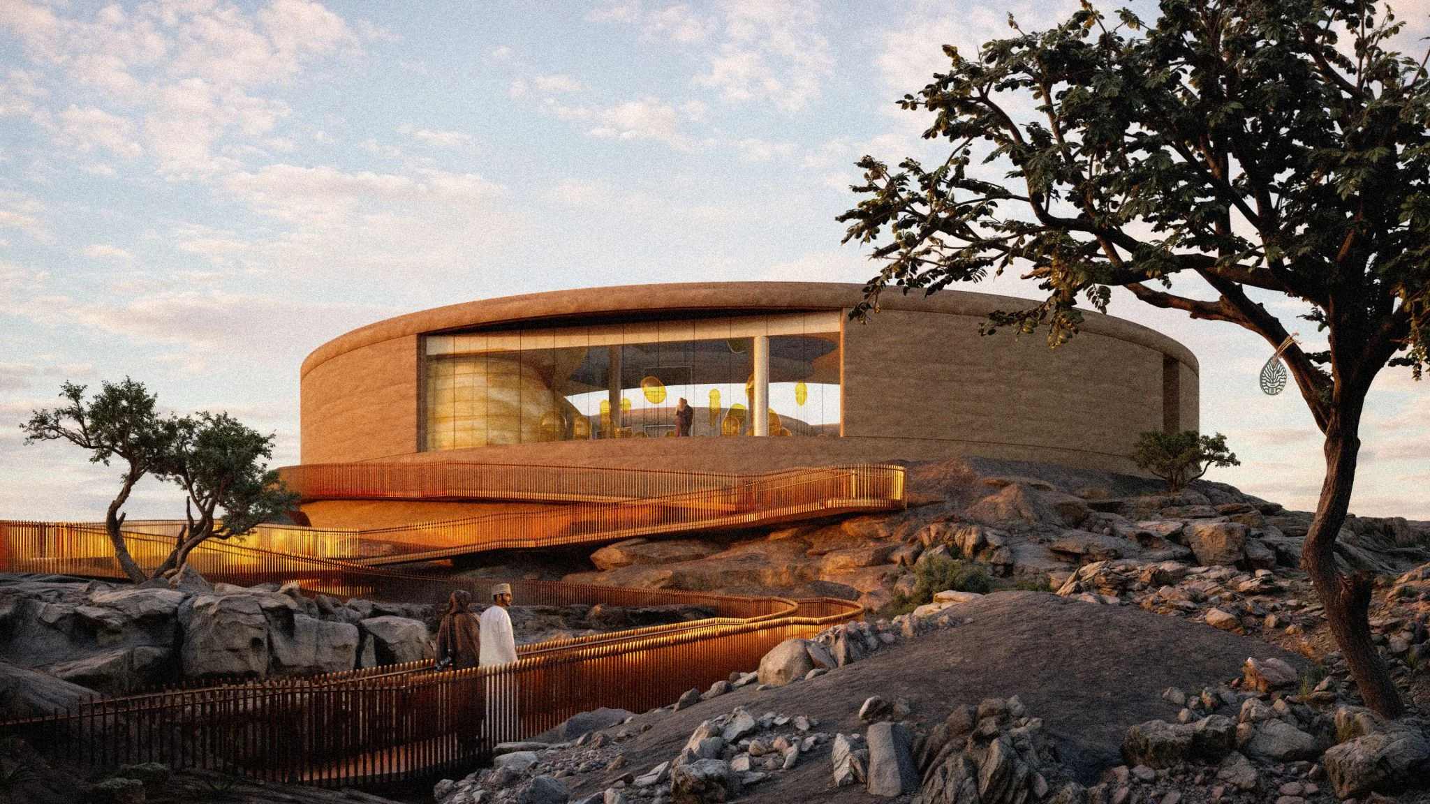 Render of the circular visitor centre on a rocky outcrop at dusk, with a curving walkway and glazed front – Ayn Dawkah Visitor Centre and Manufacture, Wadi Dawkah, Oman, 2025 – architecture, under construction