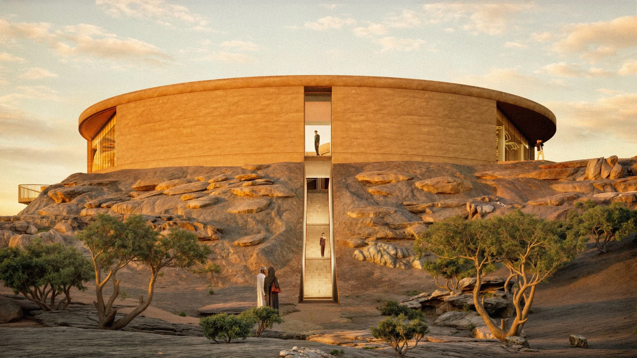 Render of the rammed-earth drum seen from below, a glazed slot with stairs cutting through the rock base – Ayn Dawkah Visitor Centre and Manufacture, Wadi Dawkah, Oman, 2025 – architecture, under construction