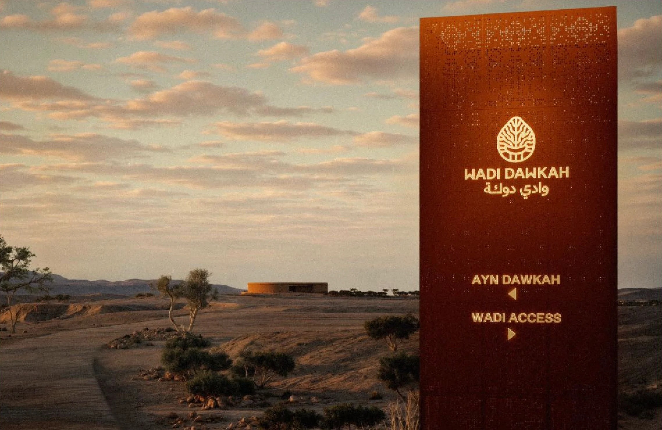 Render of a rust-coloured Wadi Dawkah signpost, with the circular building on the distant plain – Ayn Dawkah Visitor Centre and Manufacture, Wadi Dawkah, Oman, 2025 – architecture, under construction