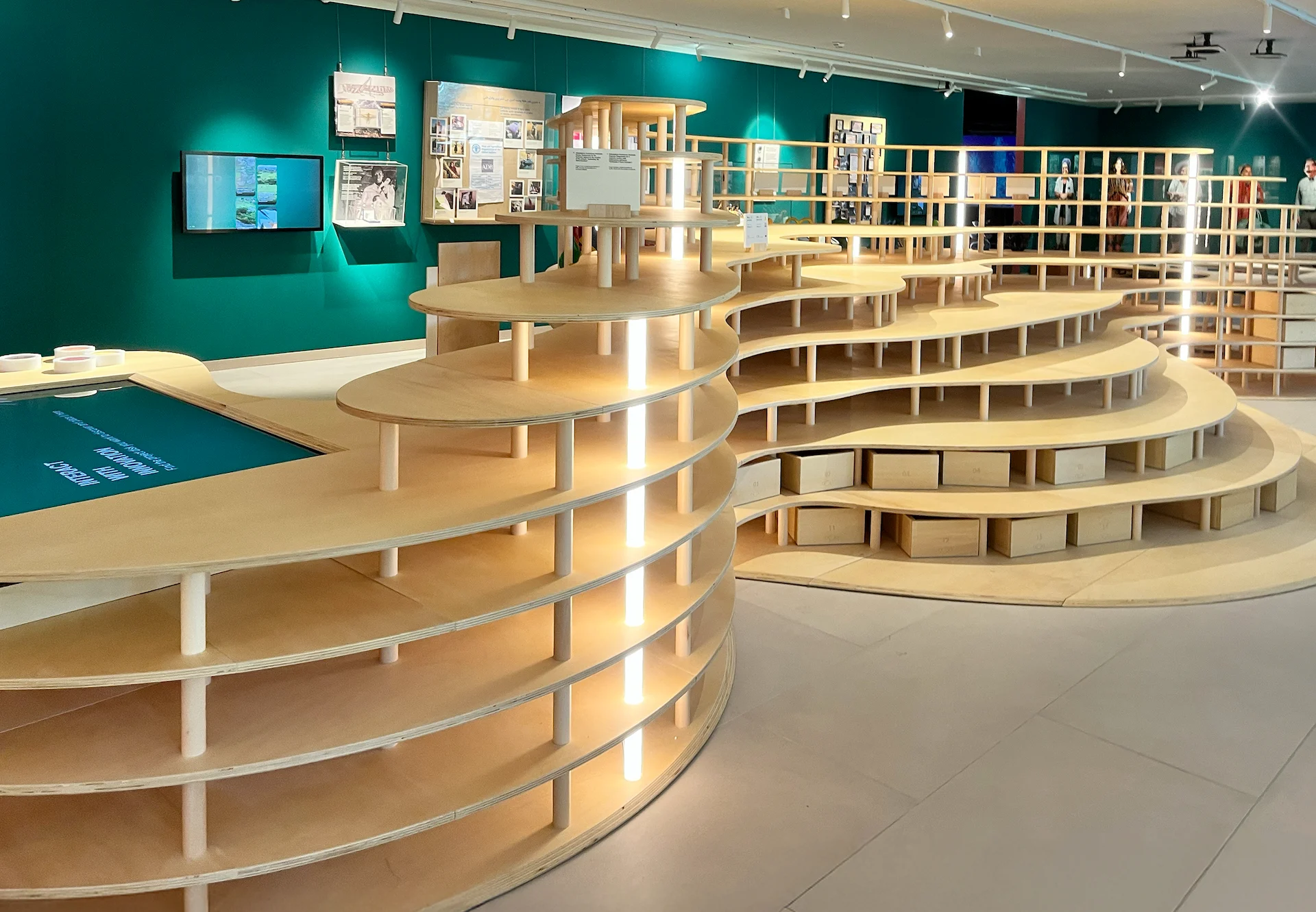 Curving tiered wooden shelving and seating in front of a teal wall with displays – FAO MuNe Food and Agriculture Museum, Rome, Italy, 2025 – exhibition design