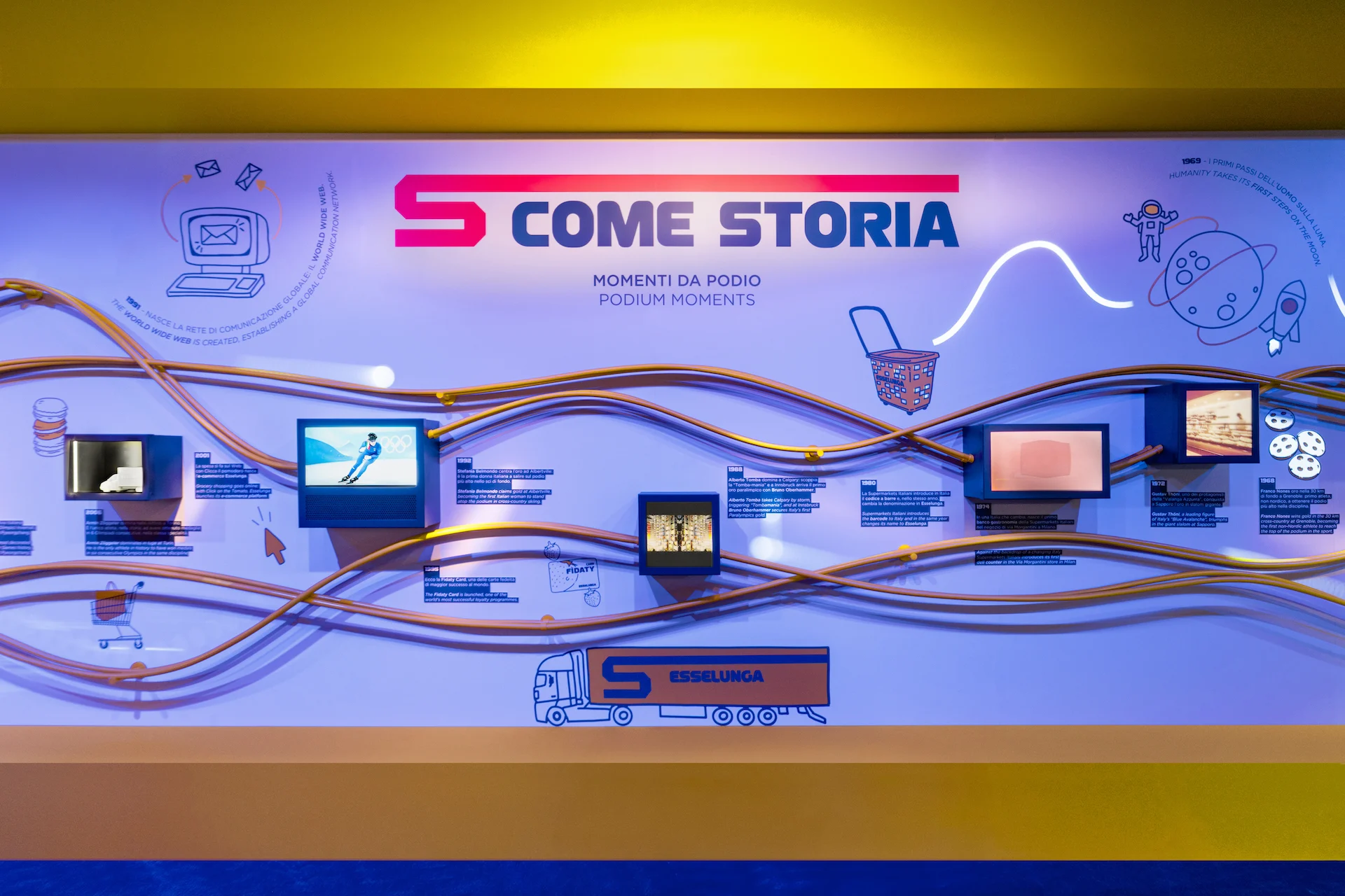 S come Storia timeline wall: wavy orange tubes linking small screens and line drawings – Casa Esselunga at Milano Cortina 2026, Italy – exhibition design
