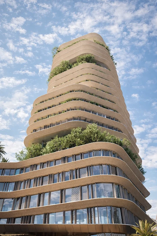 Render of the tower from below: stacked curved bands with hanging greenery against a cloudy sky – 5-Star Hotel and Branded Serviced Apartments, Cairo, Egypt, 2026 – architecture proposal