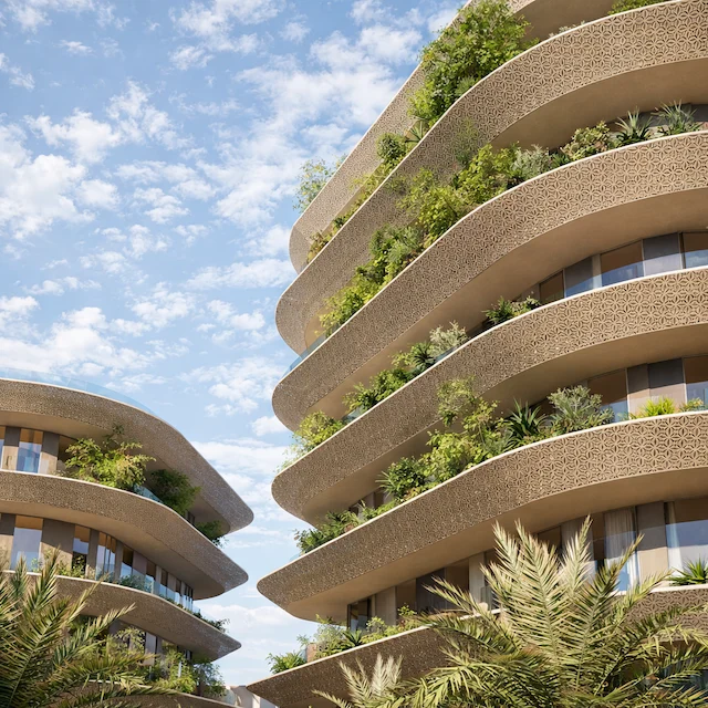Render detail of curved balconies with patterned screens and planters, seen from below – 5-Star Hotel and Branded Serviced Apartments, Cairo, Egypt, 2026 – architecture proposal