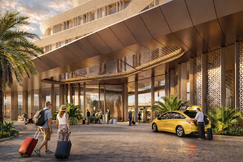 Render of the hotel entrance: a deep curved canopy over patterned columns, guests arriving with luggage – 5-Star Hotel and Branded Serviced Apartments, Cairo, Egypt, 2026 – architecture proposal