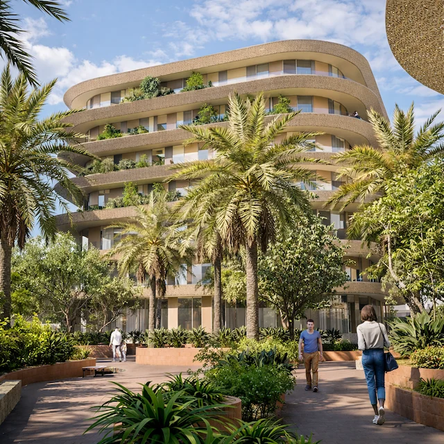 Render of a curved residential block with planted balconies, seen from a palm-shaded garden path – 5-Star Hotel and Branded Serviced Apartments, Cairo, Egypt, 2026 – architecture proposal