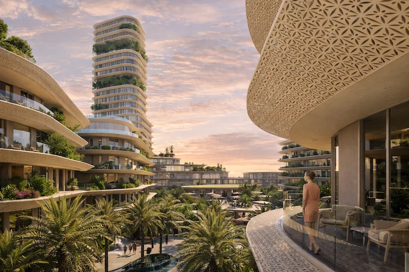 Render at sunset from a curved terrace overlooking terraced buildings, palm gardens and a planted tower – 5-Star Hotel and Branded Serviced Apartments, Cairo, Egypt, 2026 – architecture proposal