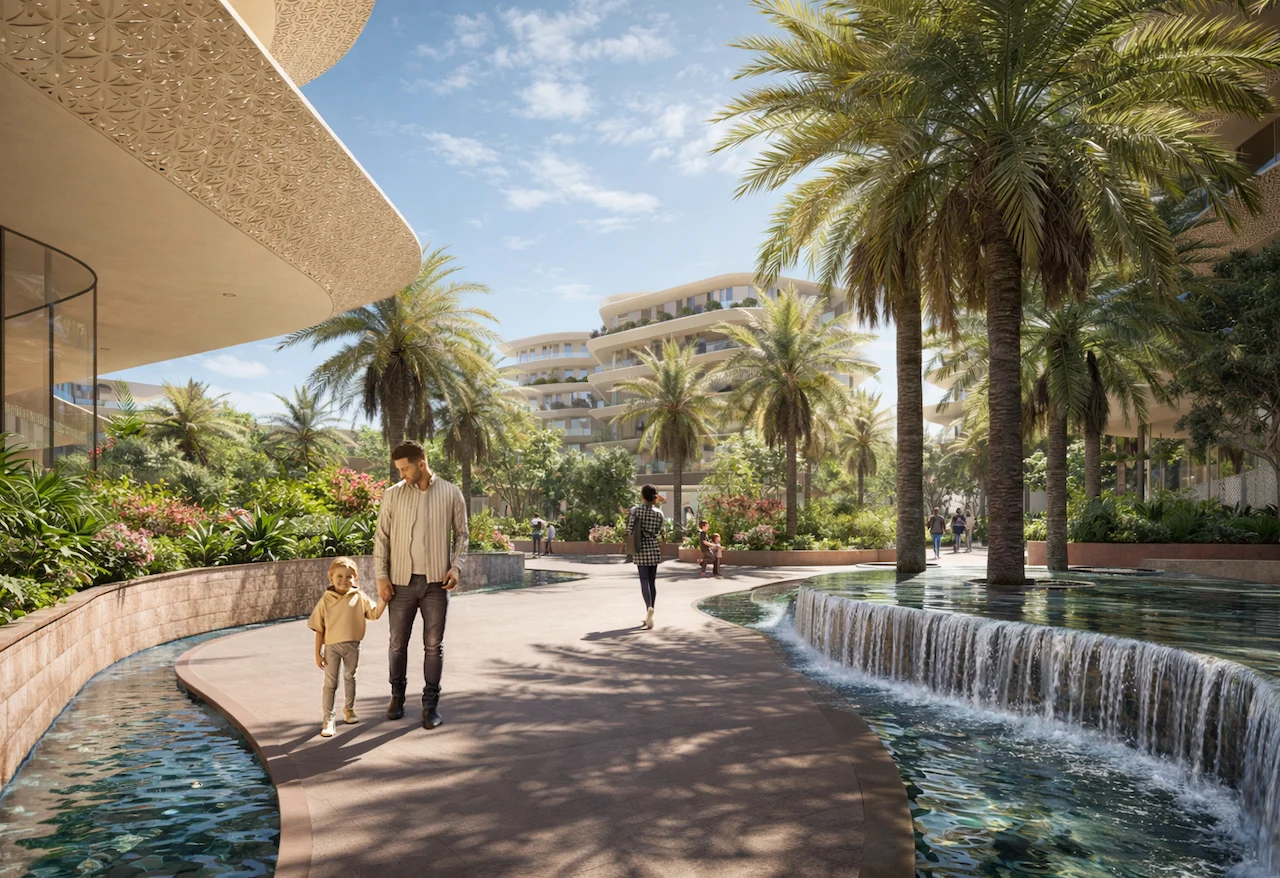 Render of a palm-lined walkway beside cascading water pools, the hotel's curved patterned façade at left – 5-Star Hotel and Branded Serviced Apartments, Cairo, Egypt, 2026 – architecture proposal