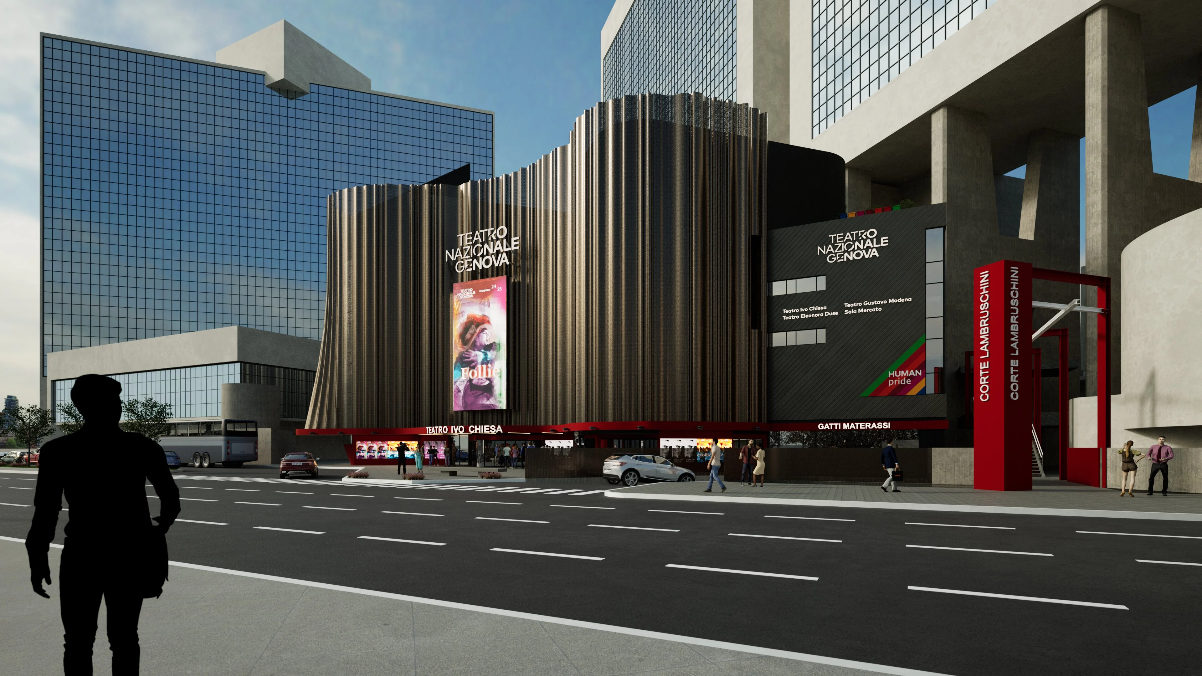 Render of the renewed Teatro Nazionale façade from the street, with pleated metal cladding and LED screen – Teatro Nazionale Ivo Chiesa Façade, Genoa, Italy, 2025 – architectural refurbishment