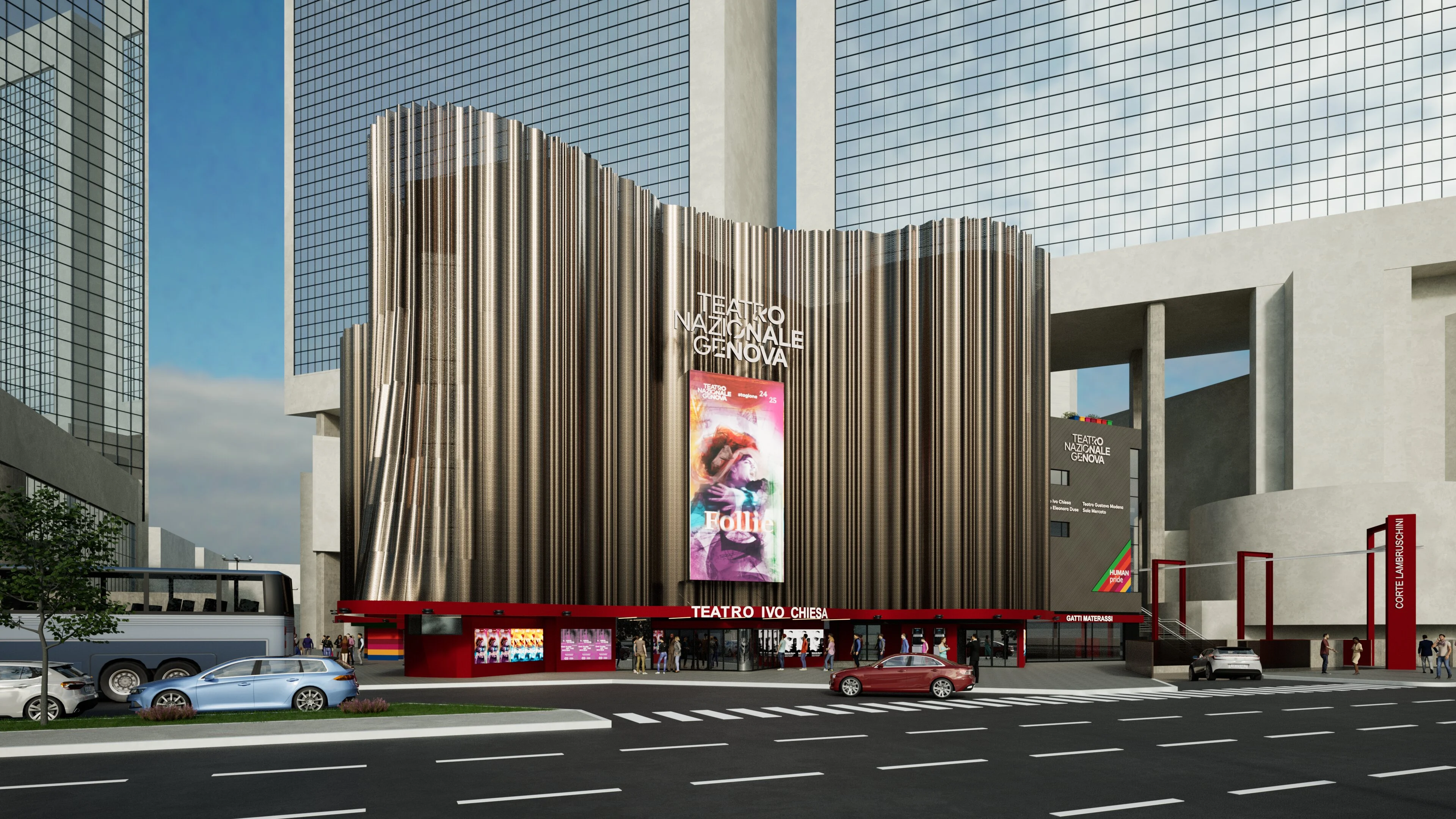 Render of the theatre front with undulating metal cladding, LED screen and red ground-floor band – Teatro Nazionale Ivo Chiesa Façade, Genoa, Italy, 2025 – architectural refurbishment
