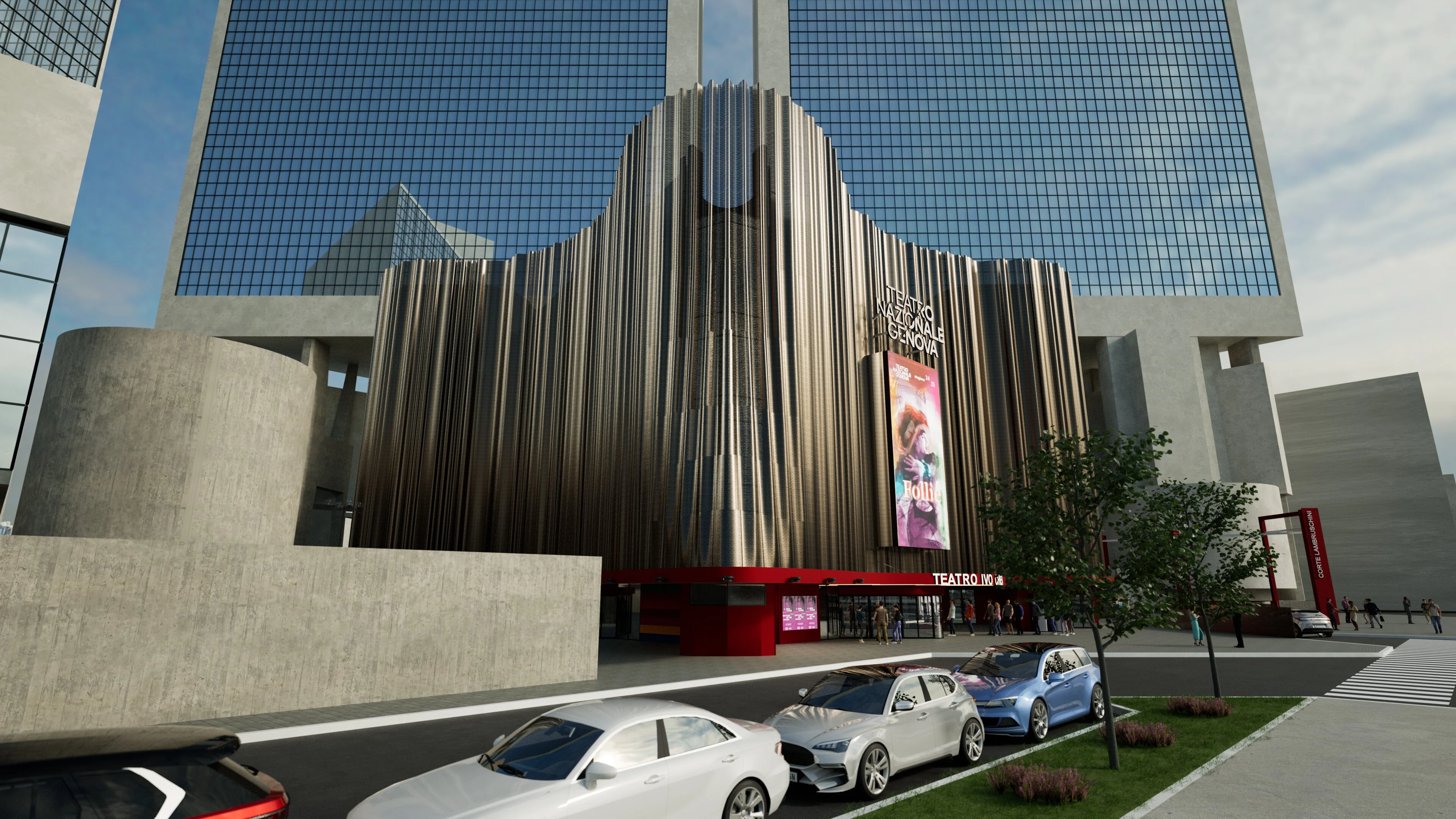 Render of the façade at an angle, its pleated metal curtain set against a glass tower behind – Teatro Nazionale Ivo Chiesa Façade, Genoa, Italy, 2025 – architectural refurbishment