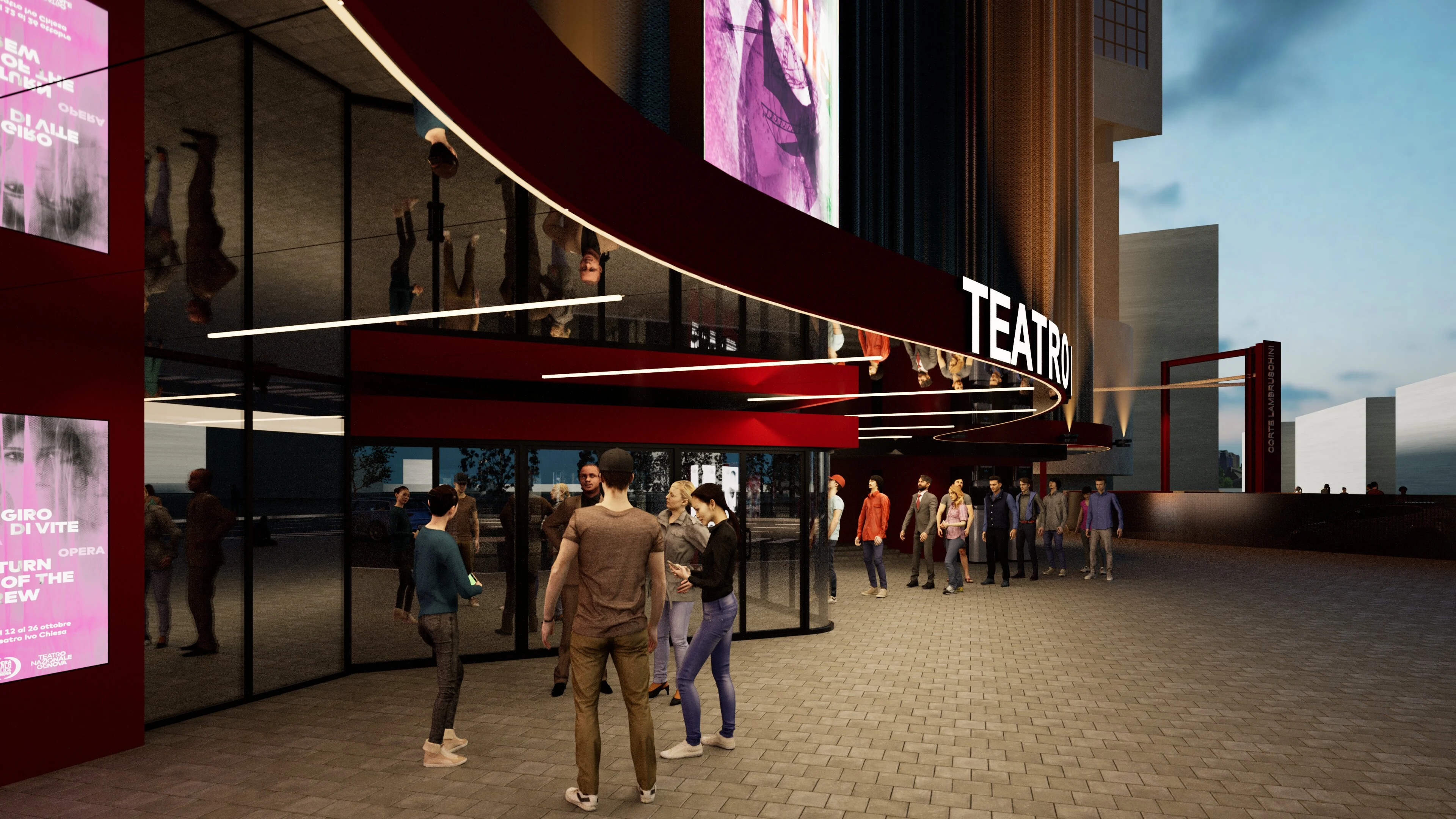 Render of the theatre entrance at dusk: curved red canopy, glazed foyer and visitors on the square – Teatro Nazionale Ivo Chiesa Façade, Genoa, Italy, 2025 – architectural refurbishment