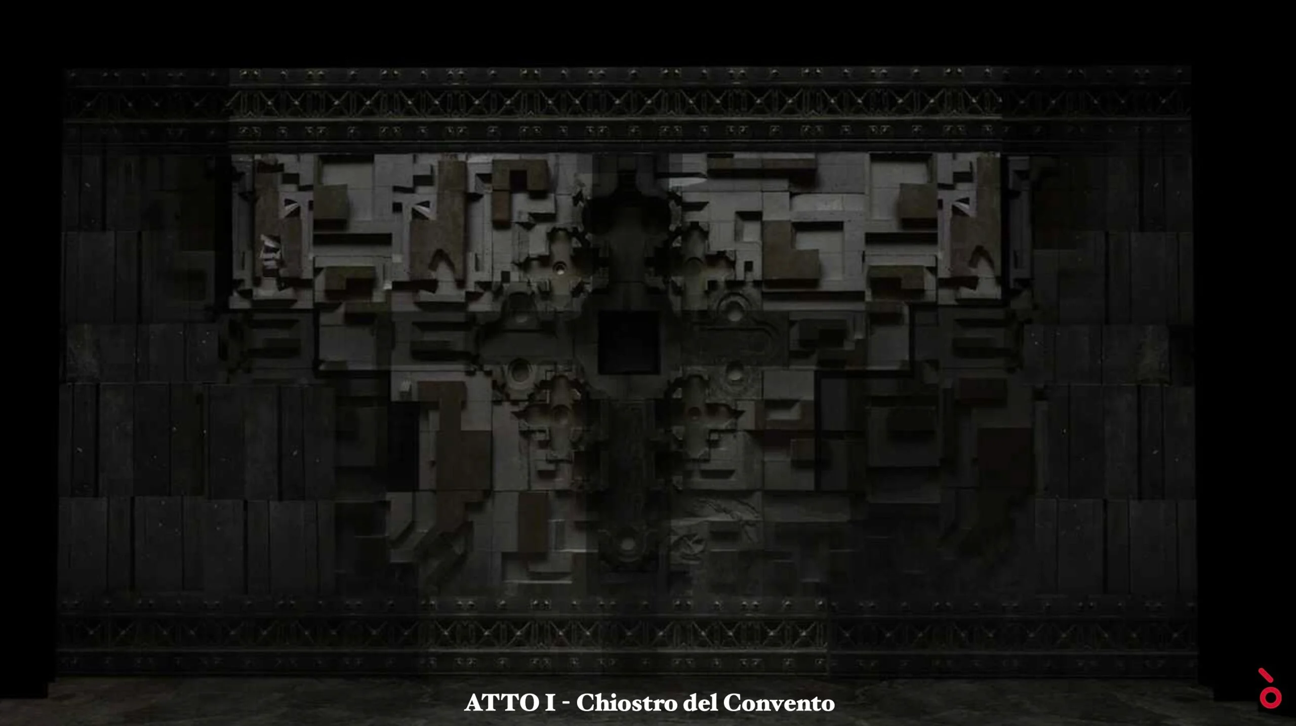 Render of the Act I convent cloister set: dark carved stone wall with a relief cross – Don Carlo at Astana Opera, Kazakhstan, 2023 – set design