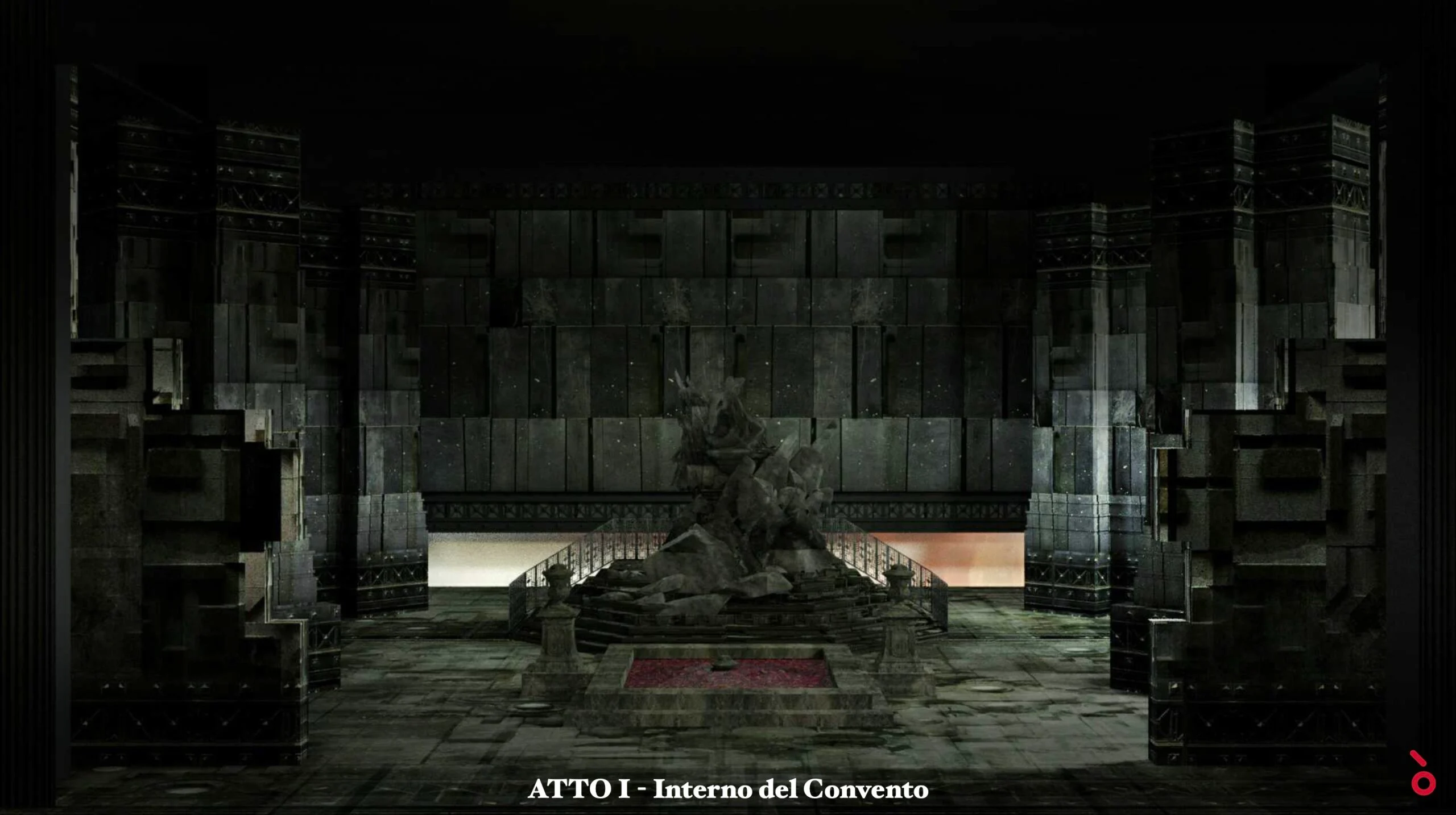 Render of the Act I convent interior: rock sculpture over a red pool between stone towers – Don Carlo at Astana Opera, Kazakhstan, 2023 – set design
