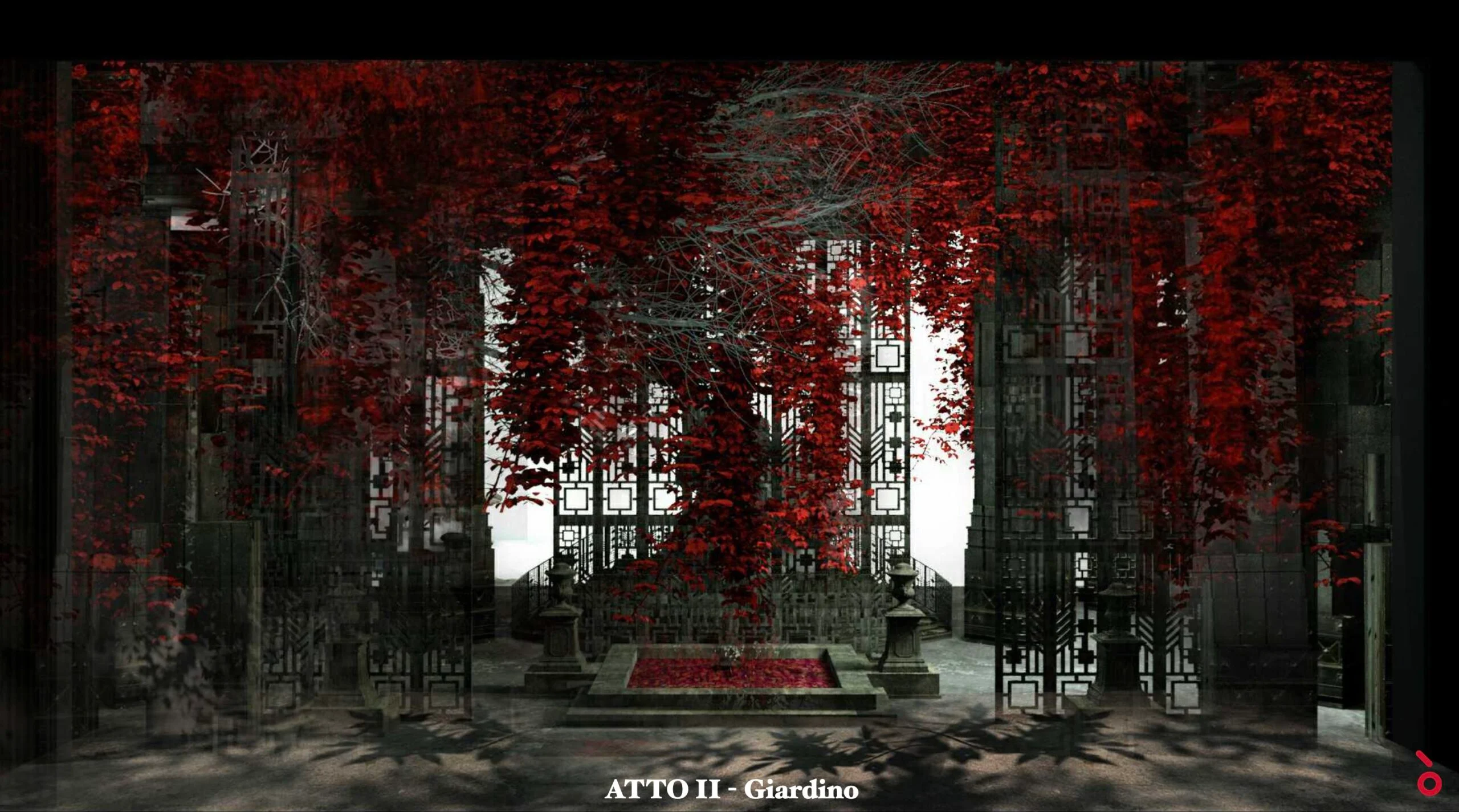 Render of the Act II garden set: red foliage spilling over wrought-iron gates and a fountain – Don Carlo at Astana Opera, Kazakhstan, 2023 – set design