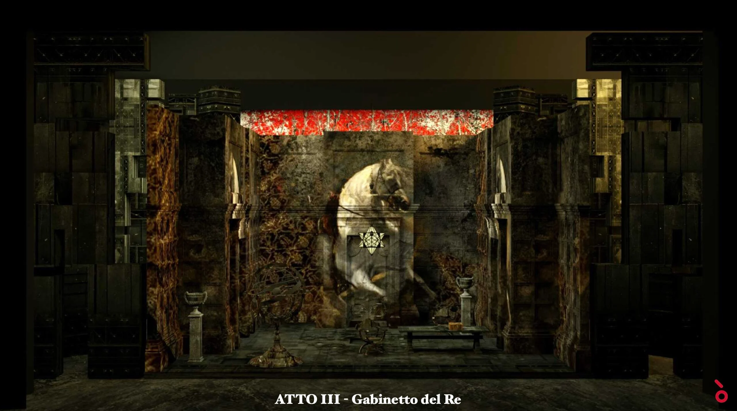 Render of the Act III King's study: dark walls with a white horse painting and a red frieze – Don Carlo at Astana Opera, Kazakhstan, 2023 – set design