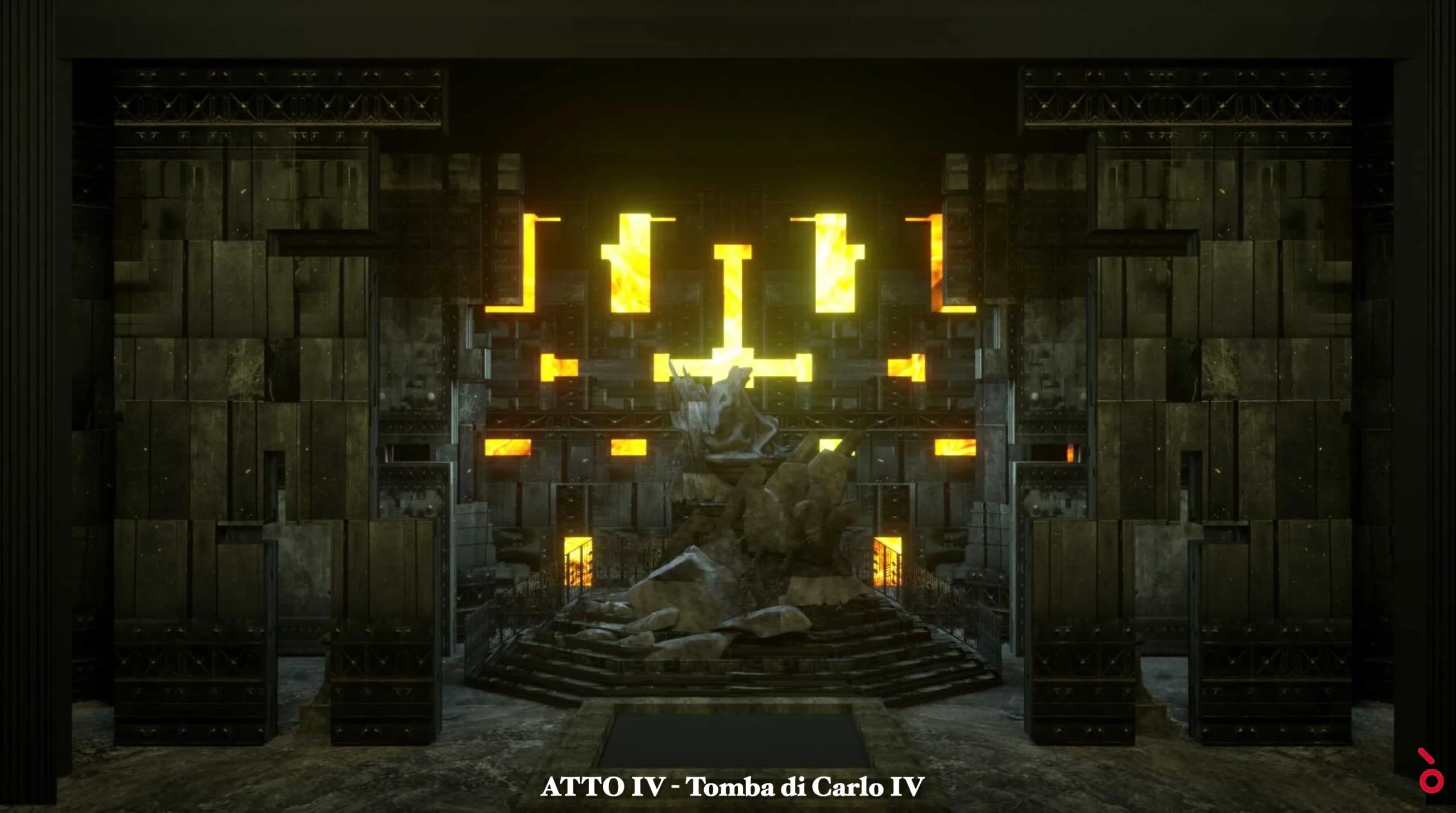 Render of the Act IV tomb of Charles V with glowing yellow fragments of a cross over a rock tomb – Don Carlo at Astana Opera, Kazakhstan, 2023 – set design