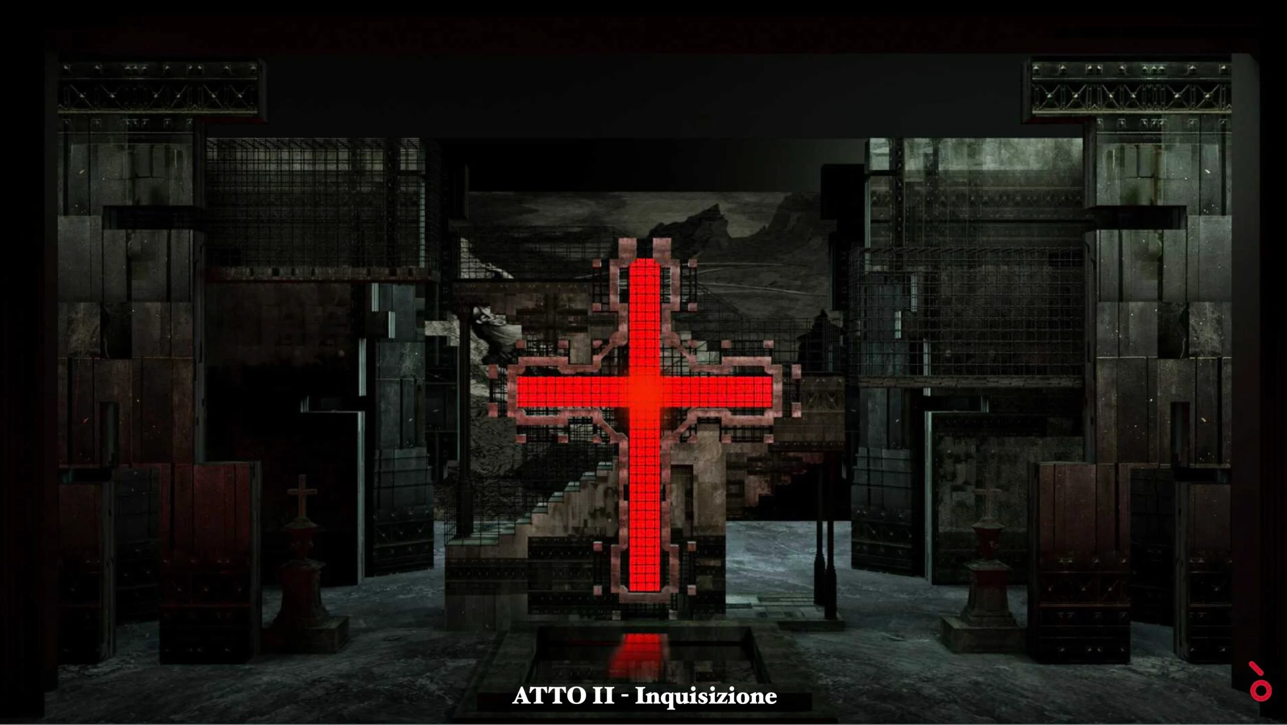Render of the Act II Inquisition set: a glowing red cross between dark stone and iron towers – Don Carlo at Astana Opera, Kazakhstan, 2023 – set design