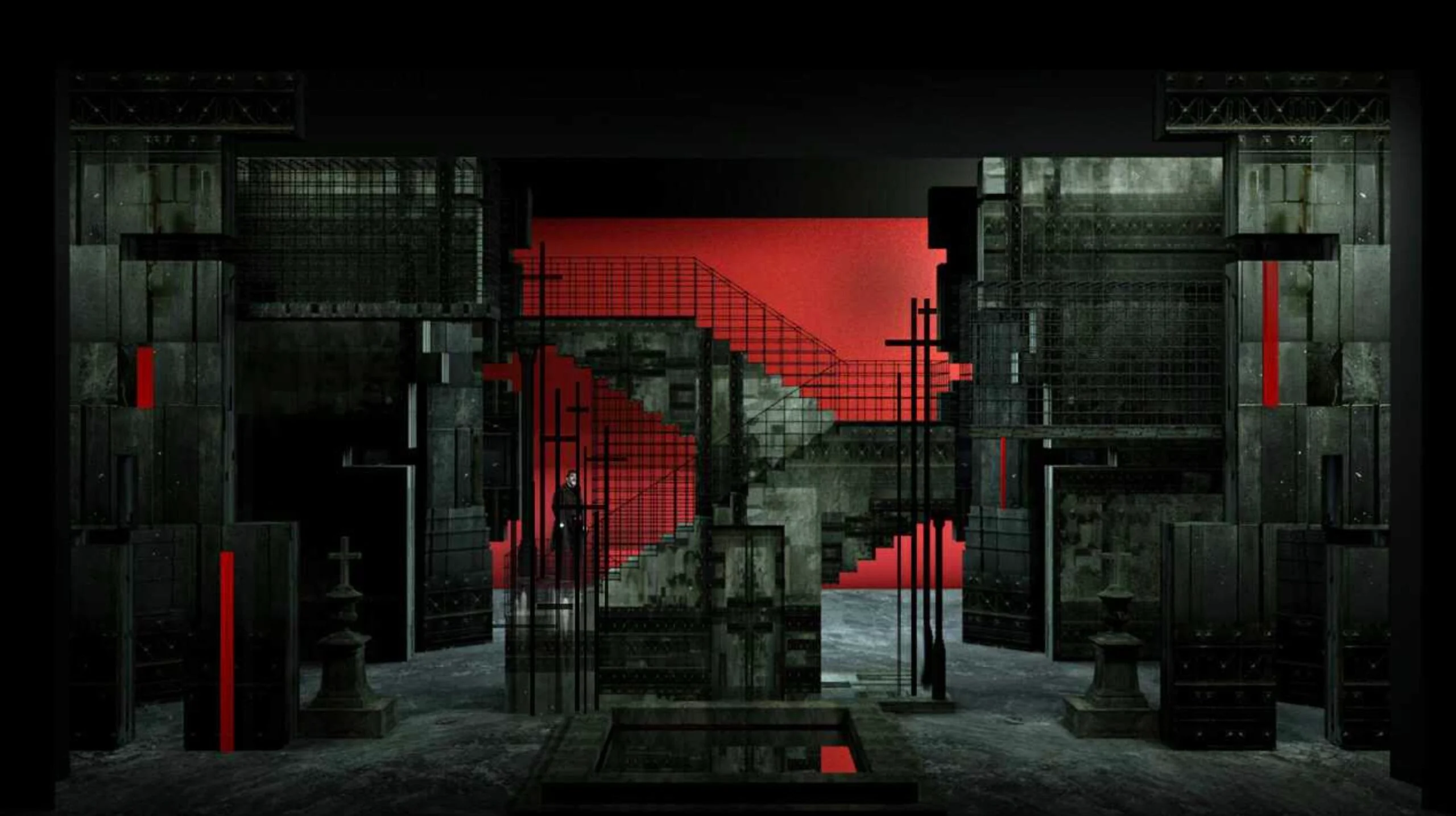 Render of the set with a red-lit staircase behind iron grilles and tall crosses between dark towers – Don Carlo at Astana Opera, Kazakhstan, 2023 – set design