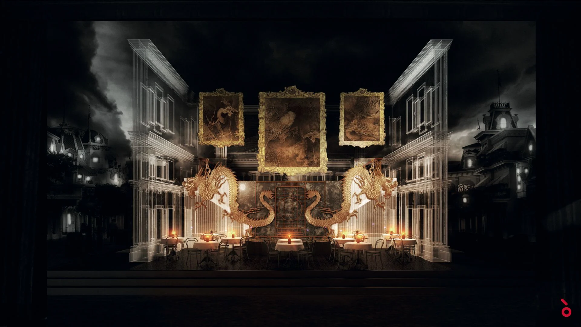 Sketch of the set for Un Ballo in Maschera: café tables between two golden dragons under gilded paintings – Un Ballo in Maschera at the Bolshoi Theatre, Moscow, Russia, 2018 – opera set design