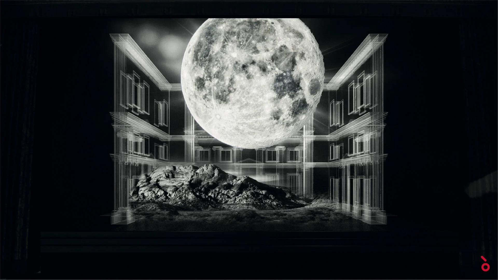 Sketch of a set with a giant full moon over a rocky mound, framed by wireframe building facades – Un Ballo in Maschera at the Bolshoi Theatre, Moscow, Russia, 2018 – opera set design
