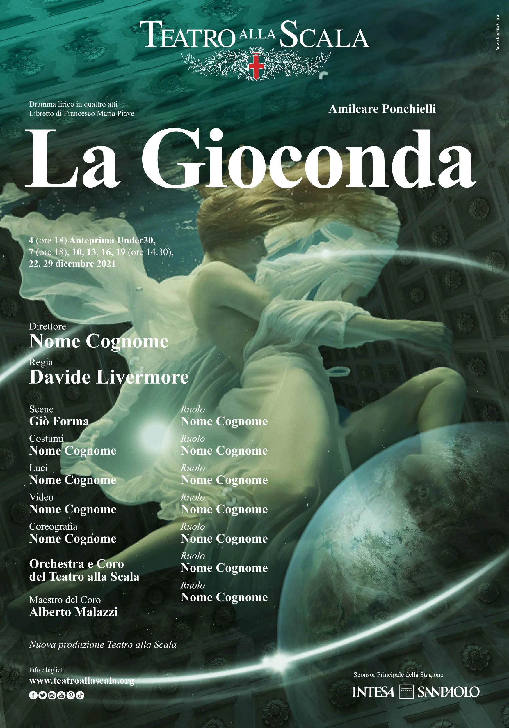 Poster for La Gioconda at Teatro alla Scala: a woman in flowing white fabric floating underwater – La Gioconda Artwork for La Scala, Milan, Italy, 2021 – graphic design