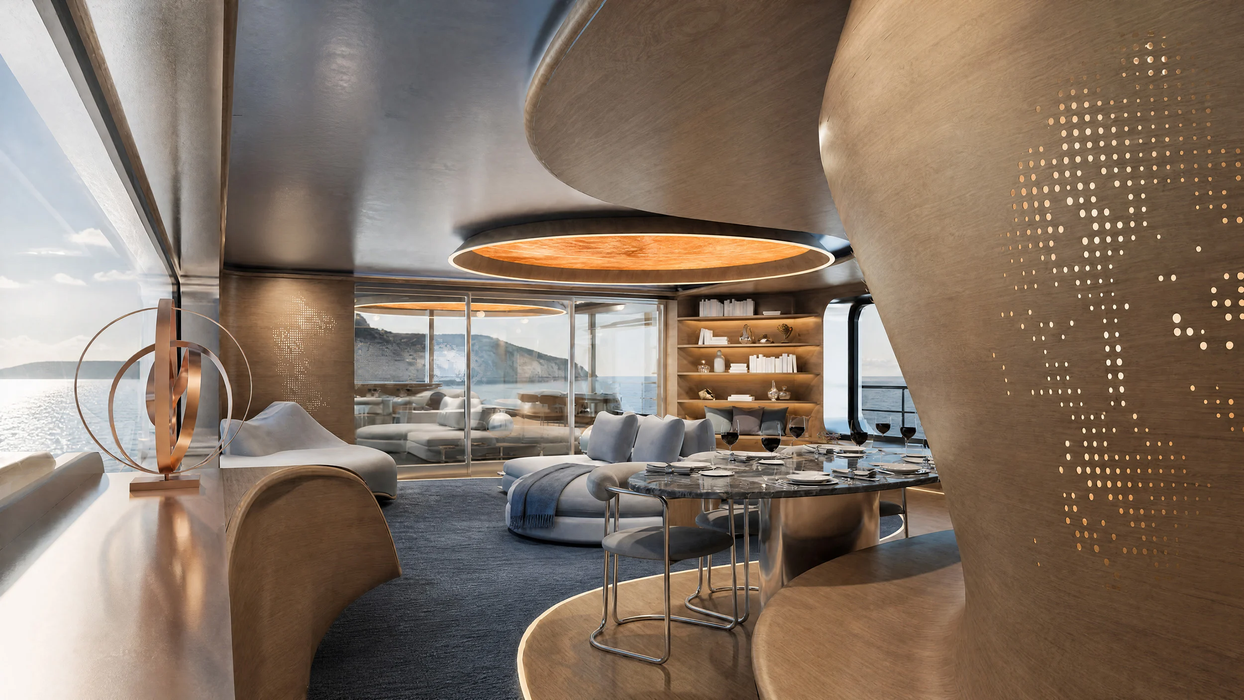 Render of the main saloon: sculpted wood walls with perforated light patterns, sofas and a dining table – Morricone Reloaded, Flexplorer 146, 2026 – yacht interior design competition